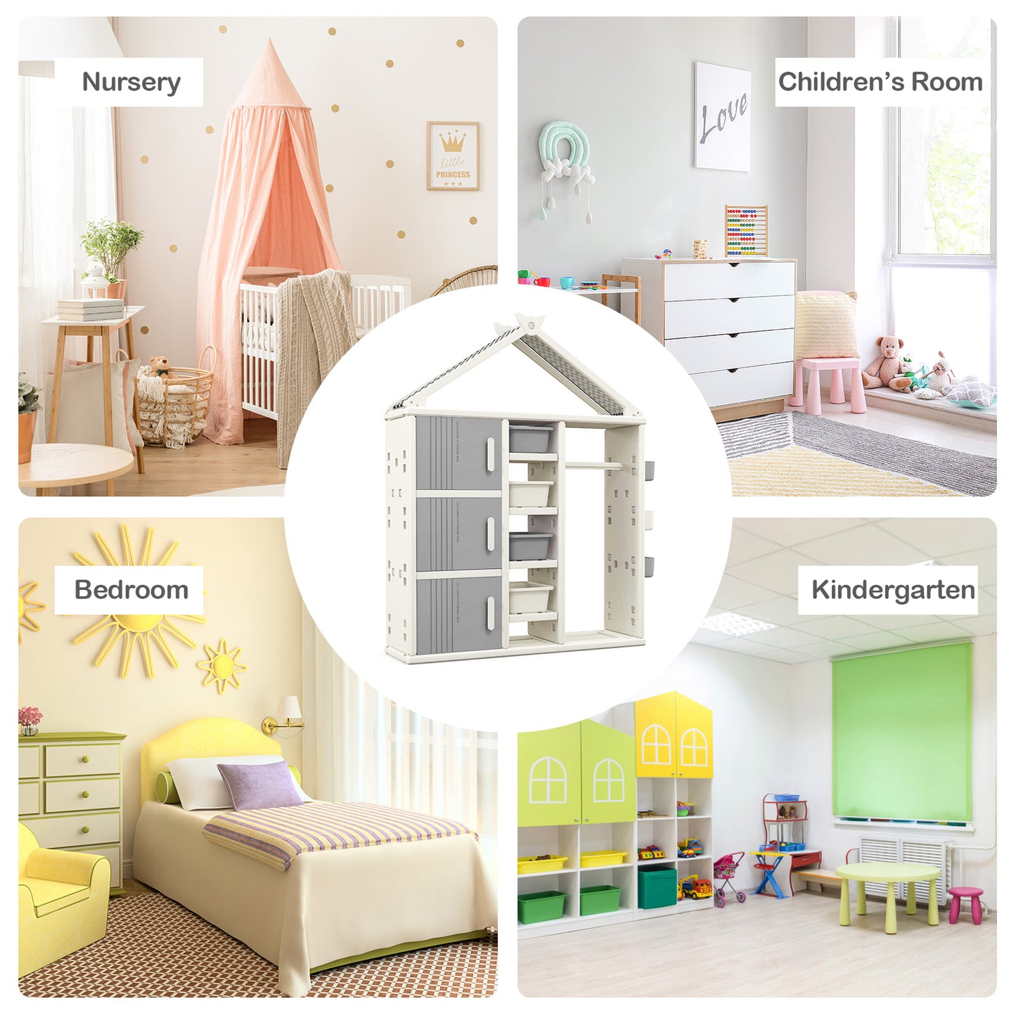 Kids Costume Storage Closet with Storage Bins and Shelves and Side Baskets for Kids Room-Gray Kids Crystal