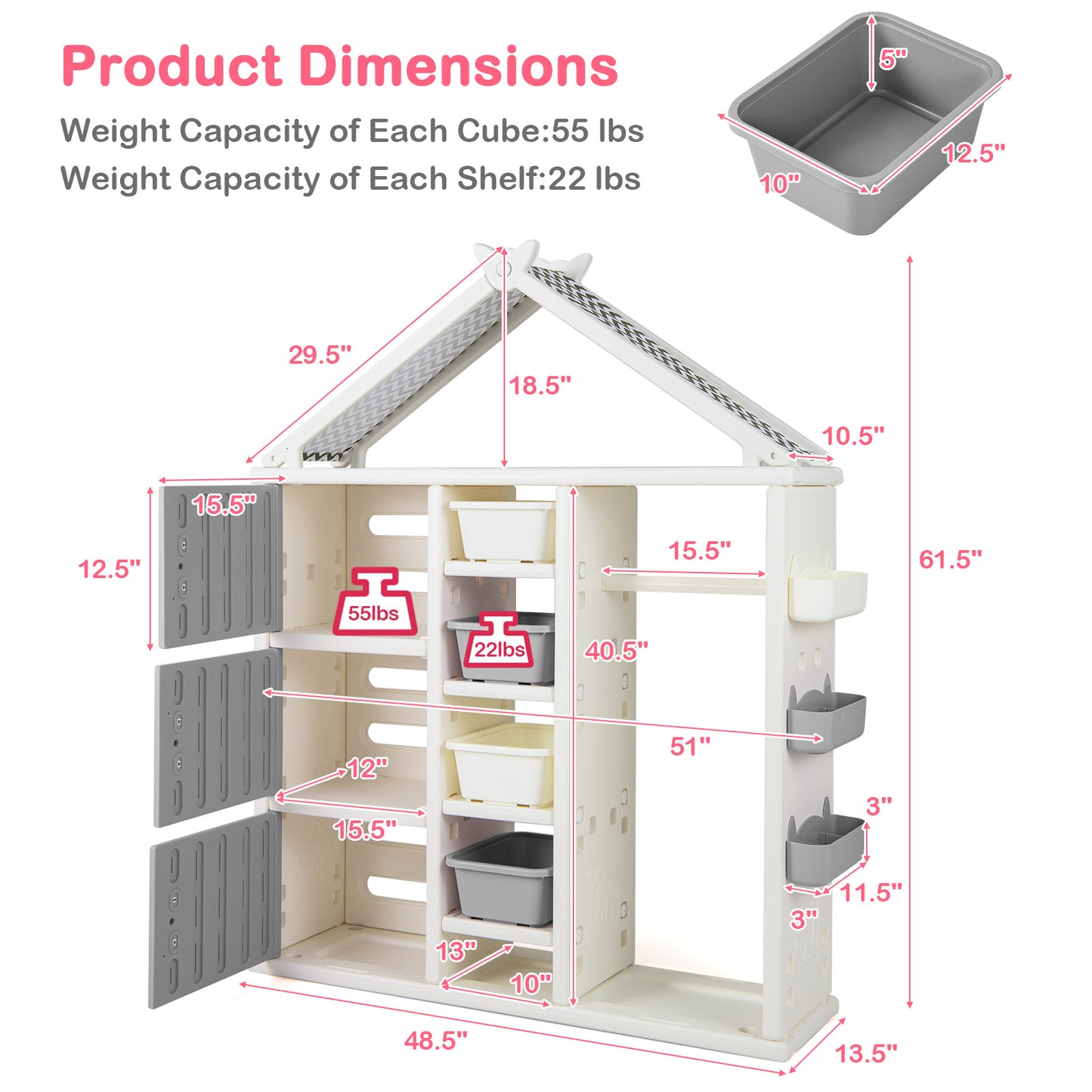 Kids Costume Storage Closet with Storage Bins and Shelves and Side Baskets for Kids Room-Gray Kids Crystal