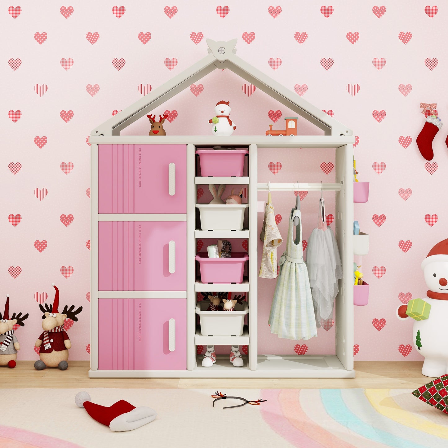 Kids Costume Storage Closet with Storage Bins and Shelves and Side Baskets for Kids Room-Pink Kids Crystal