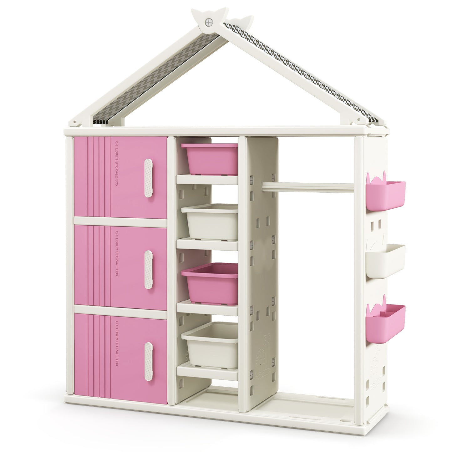 Kids Costume Storage Closet with Storage Bins and Shelves and Side Baskets for Kids Room-Pink Kids Crystal