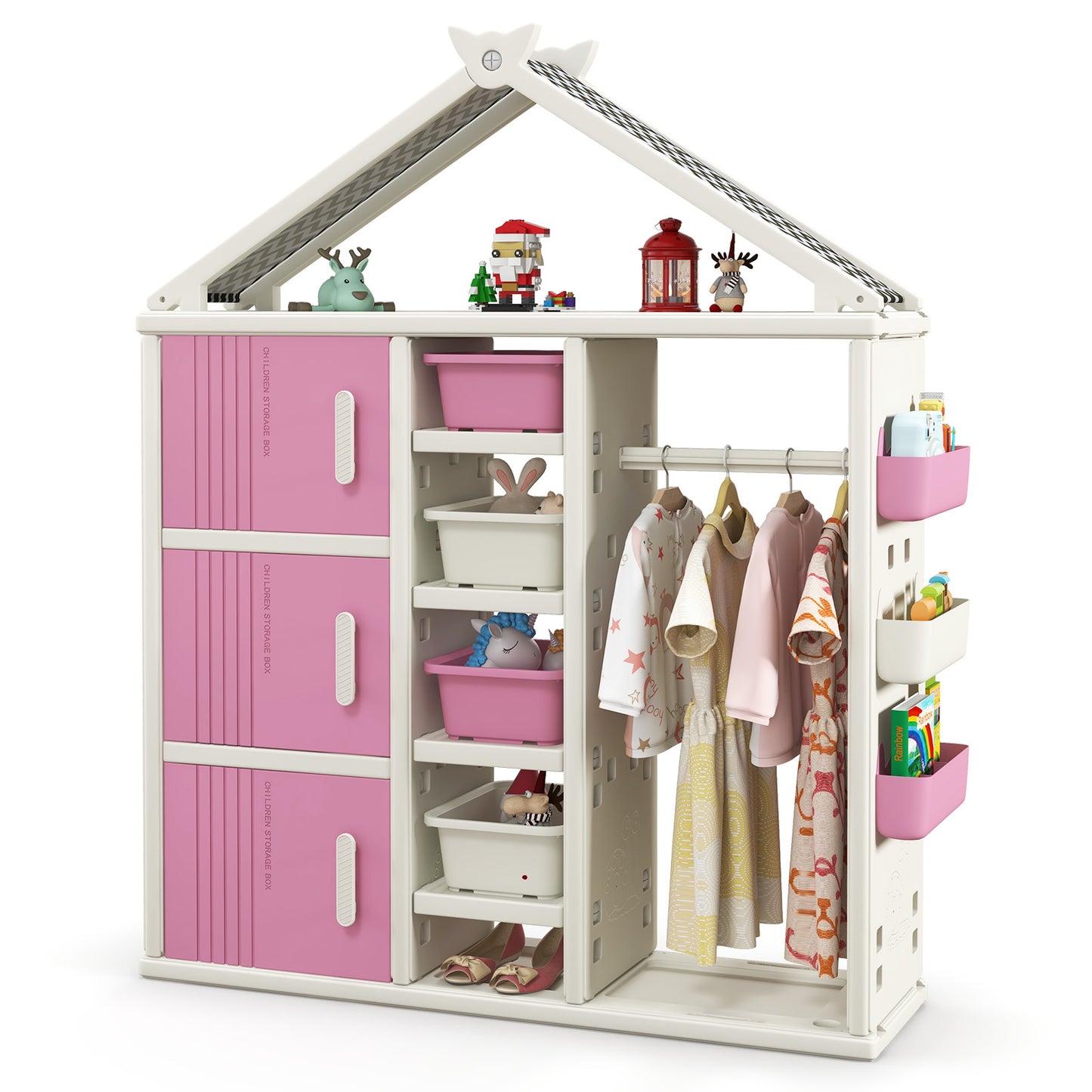 Kids Costume Storage Closet with Storage Bins and Shelves and Side Baskets for Kids Room-Pink Kids Crystal