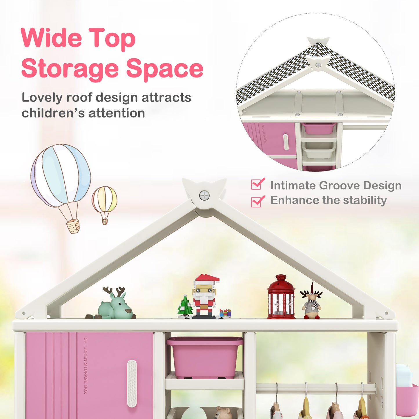 Kids Costume Storage Closet with Storage Bins and Shelves and Side Baskets for Kids Room-Pink Kids Crystal
