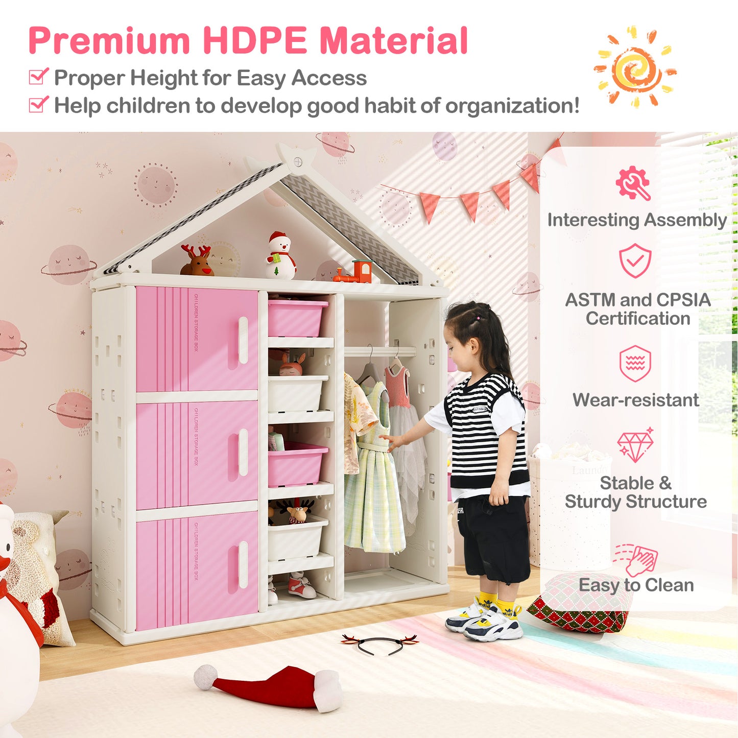 Kids Costume Storage Closet with Storage Bins and Shelves and Side Baskets for Kids Room-Pink Kids Crystal