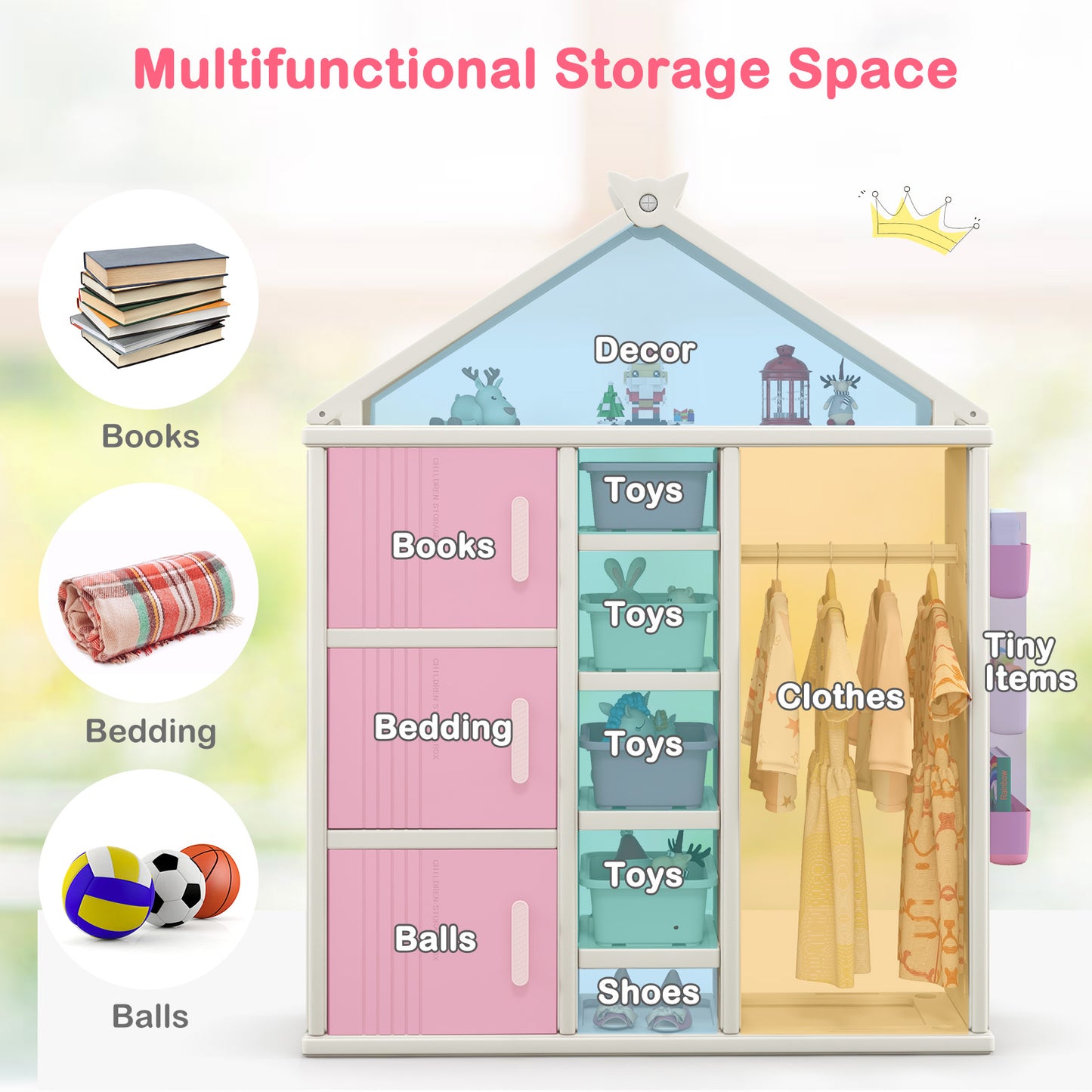 Kids Costume Storage Closet with Storage Bins and Shelves and Side Baskets for Kids Room-Pink Kids Crystal