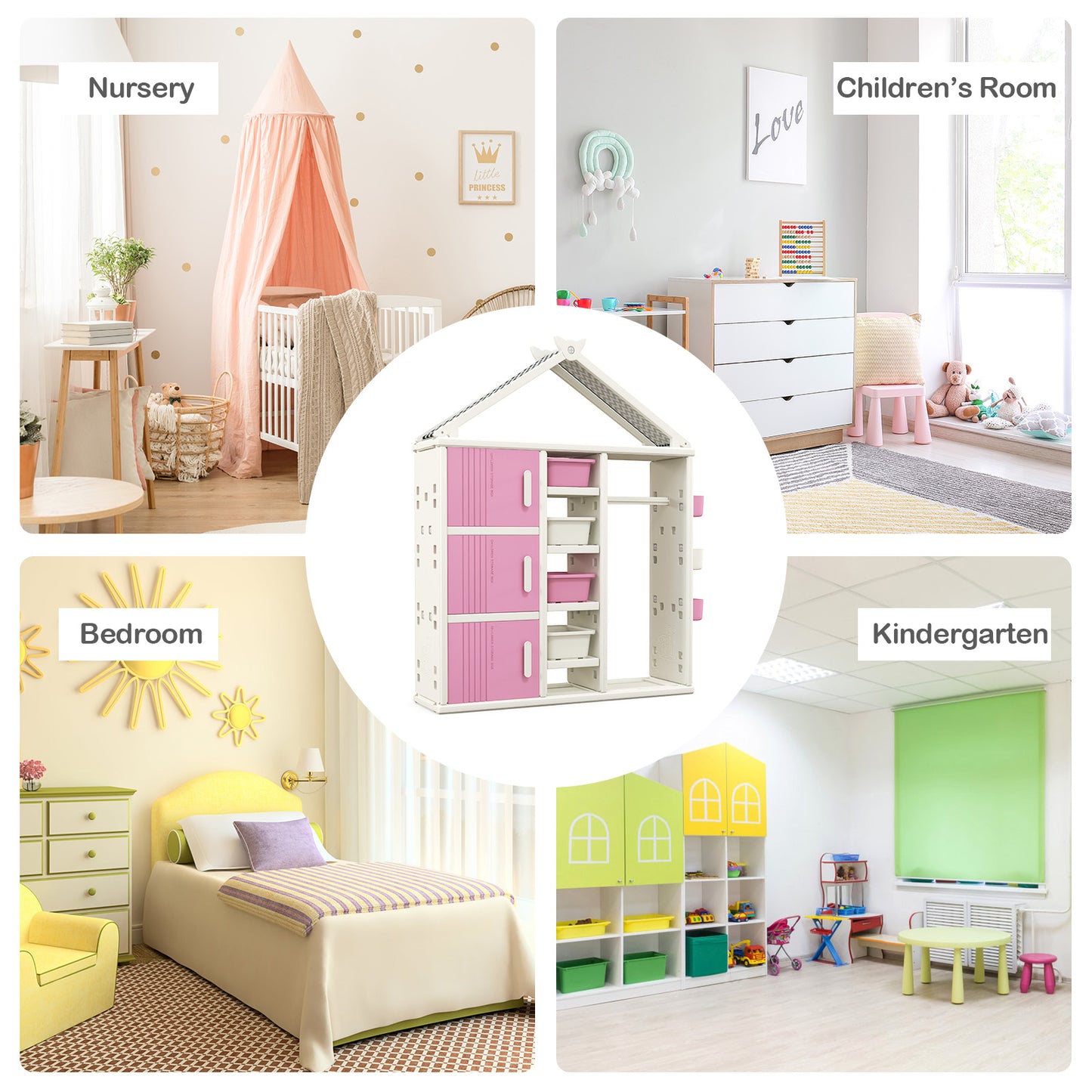 Kids Costume Storage Closet with Storage Bins and Shelves and Side Baskets for Kids Room-Pink Kids Crystal