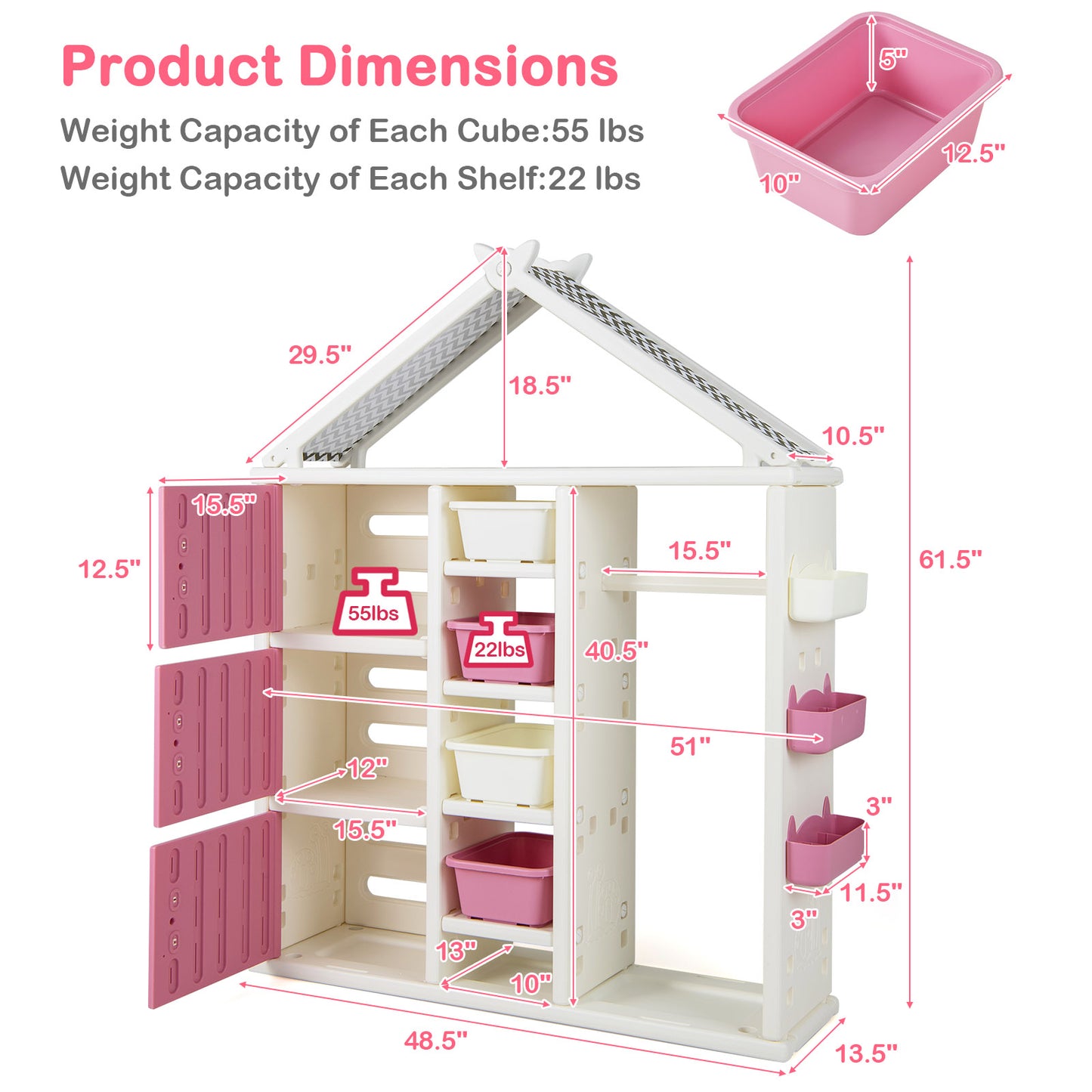 Kids Costume Storage Closet with Storage Bins and Shelves and Side Baskets for Kids Room-Pink Kids Crystal