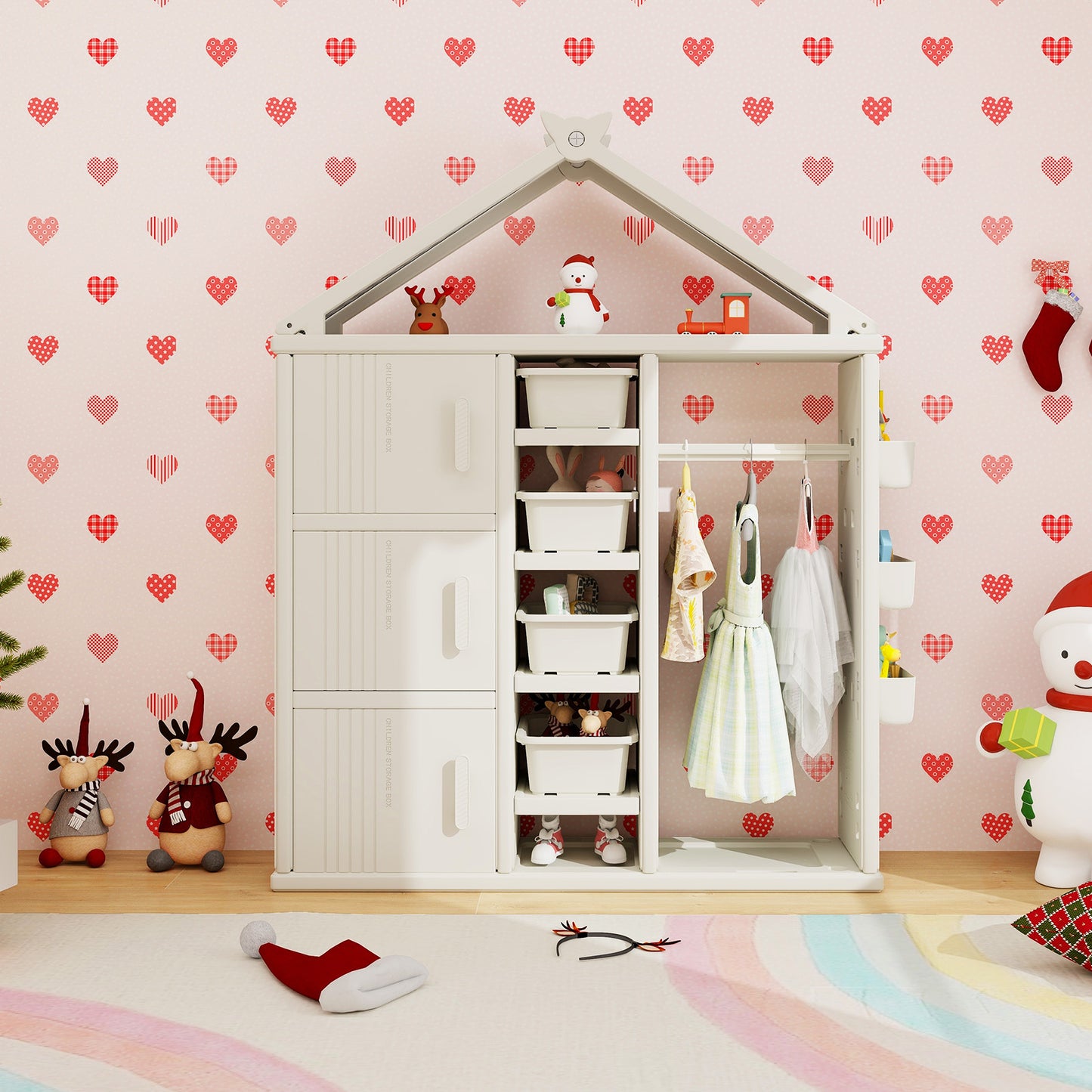 Kids Costume Storage Closet with Storage Bins and Shelves and Side Baskets for Kids Room-White Kids Crystal