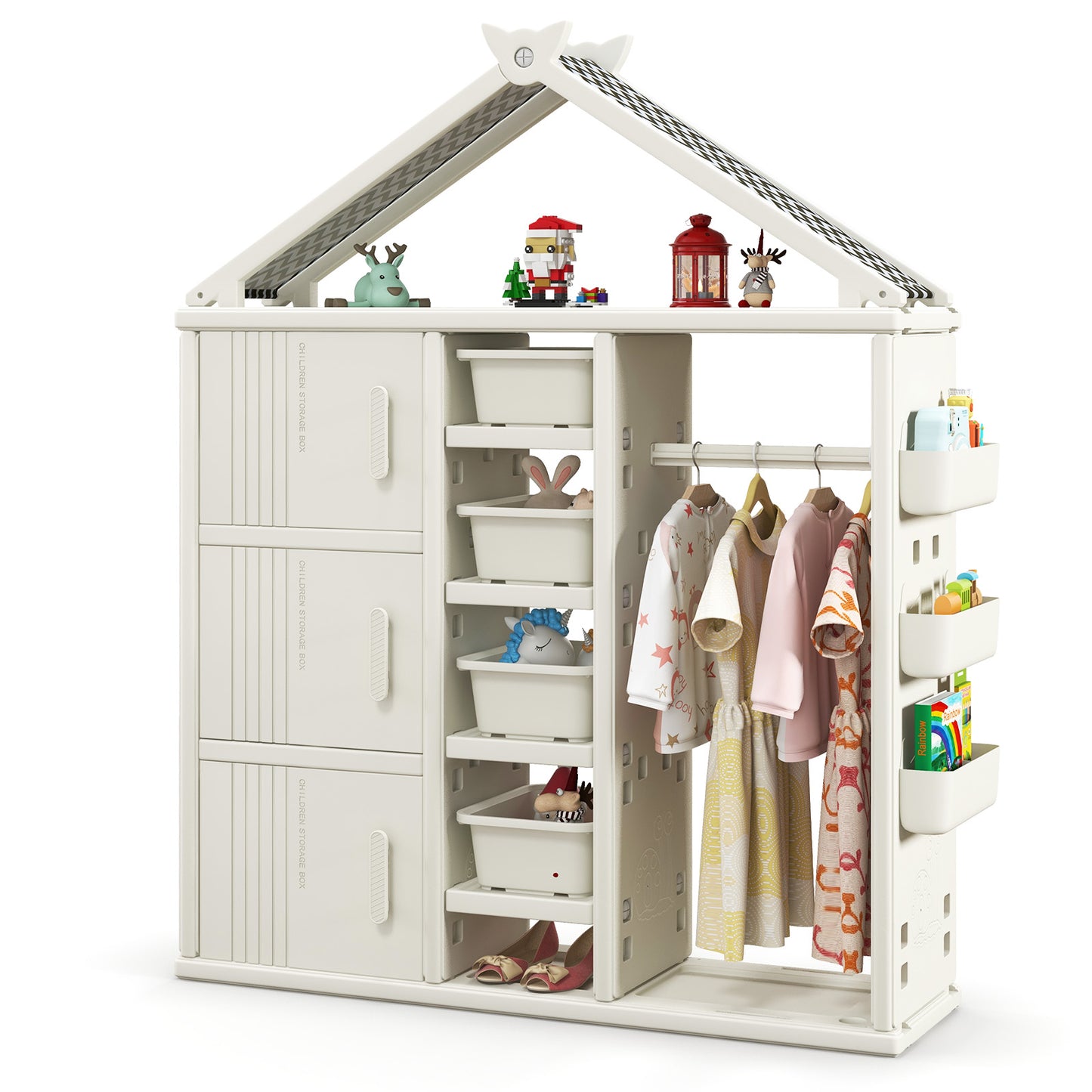 Kids Costume Storage Closet with Storage Bins and Shelves and Side Baskets for Kids Room-White Kids Crystal