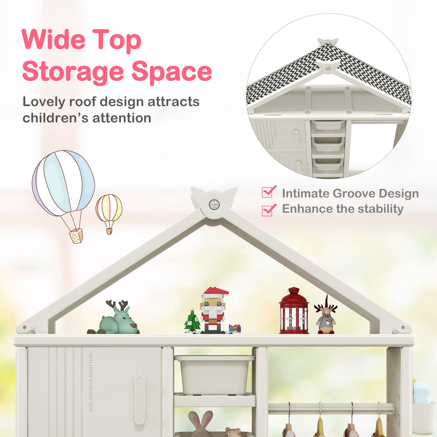 Kids Costume Storage Closet with Storage Bins and Shelves and Side Baskets for Kids Room-White Kids Crystal