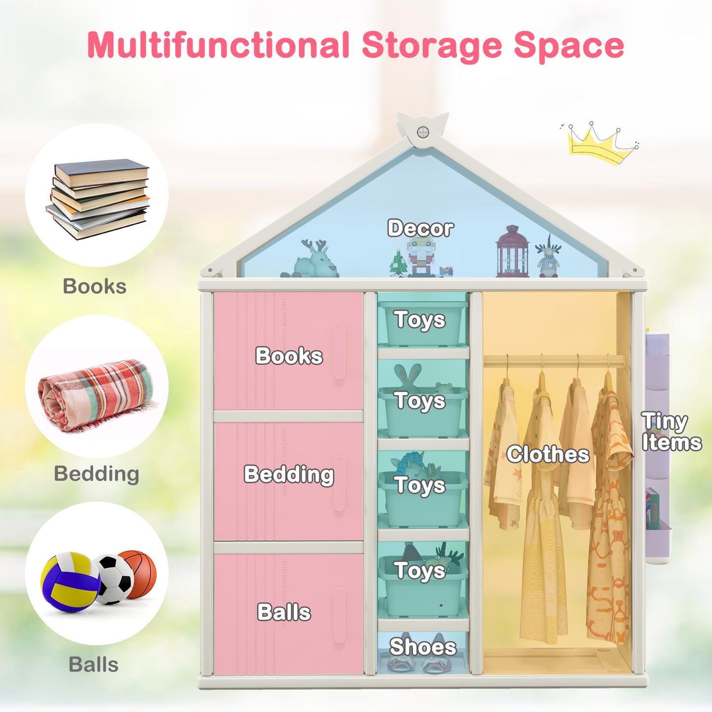 Kids Costume Storage Closet with Storage Bins and Shelves and Side Baskets for Kids Room-White Kids Crystal