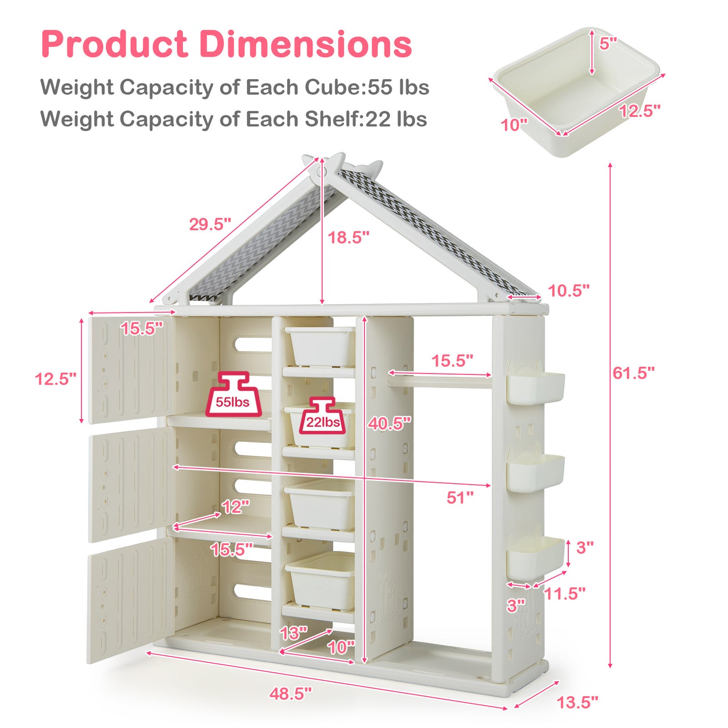 Kids Costume Storage Closet with Storage Bins and Shelves and Side Baskets for Kids Room-White Kids Crystal