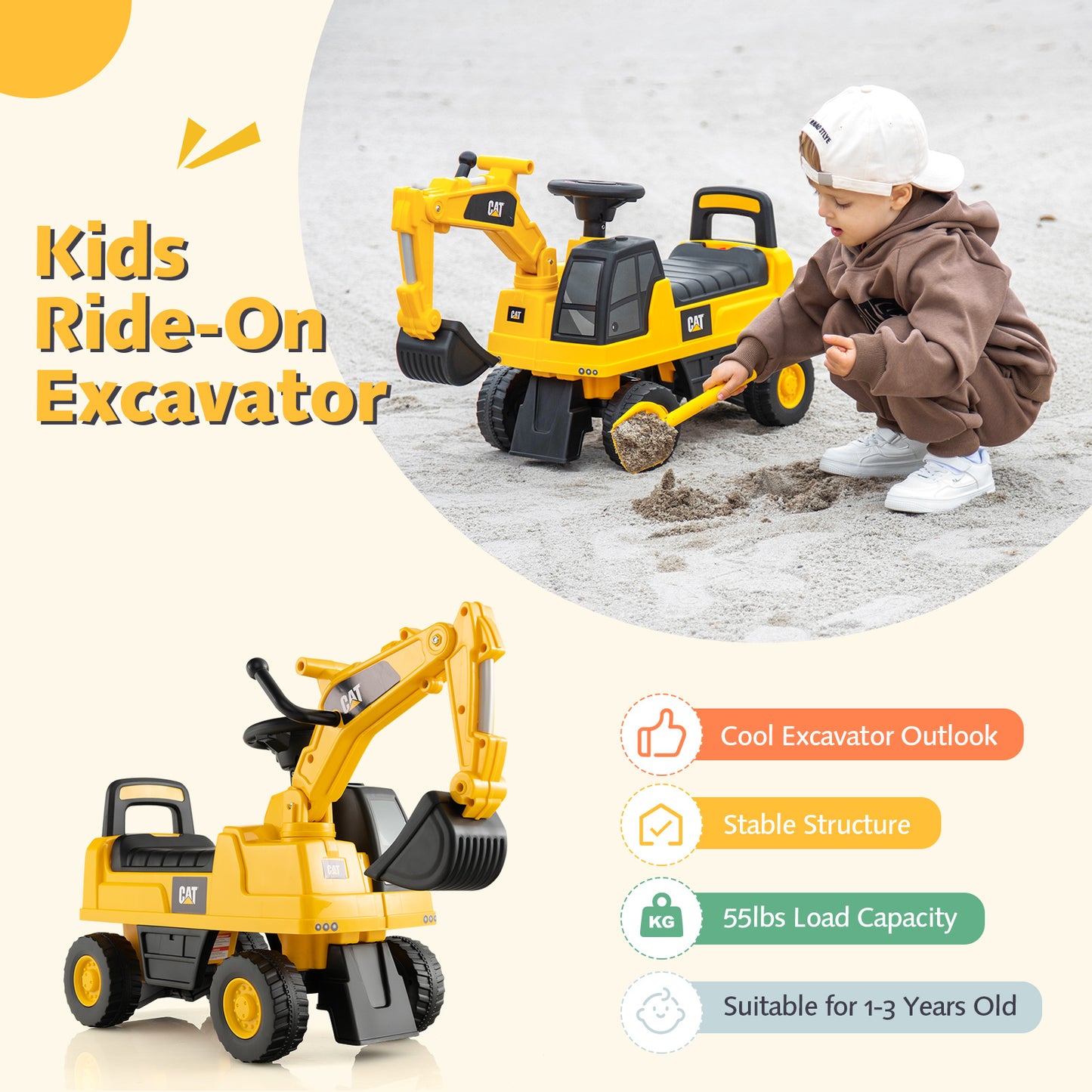 Licensed Caterpillar Kids Ride-On Digger-Yellow Kids Crystal