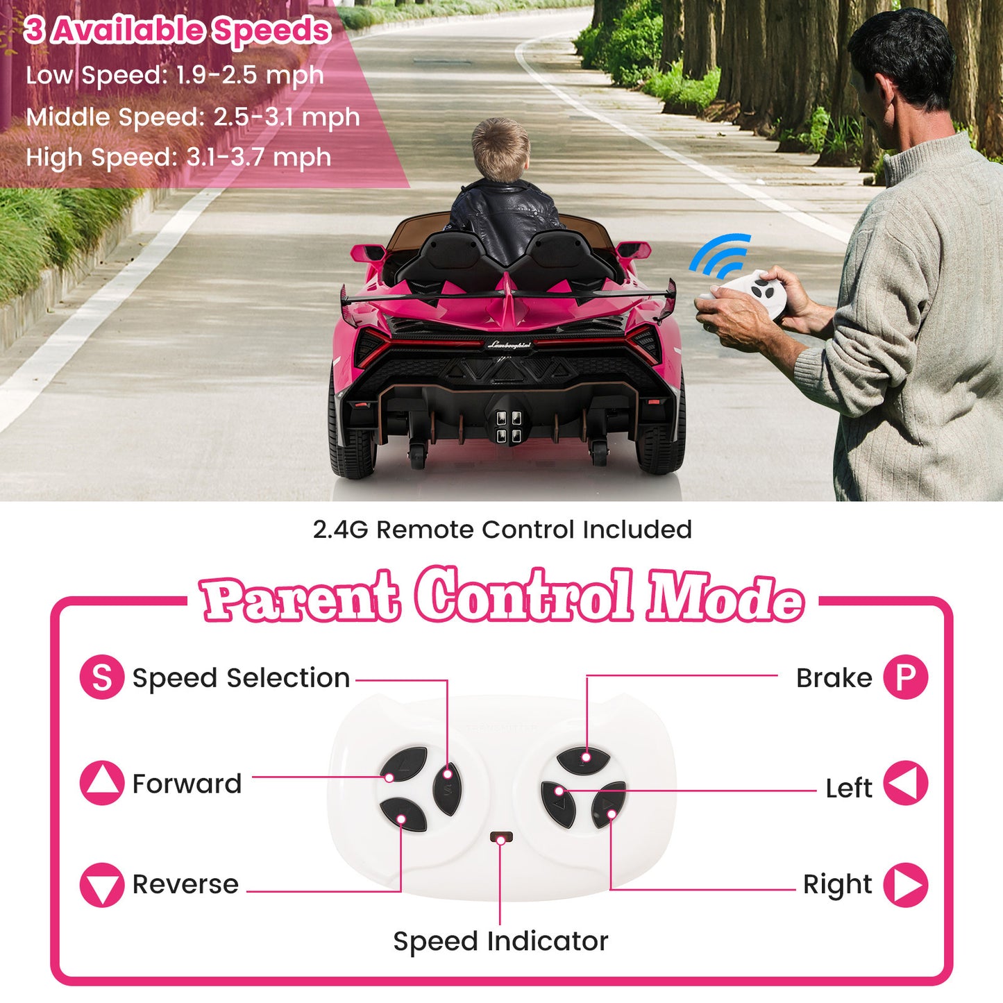 12V Licensed Lamborghini 4WD Kids Ride-on Sports Car with 2.4G Remote-Pink