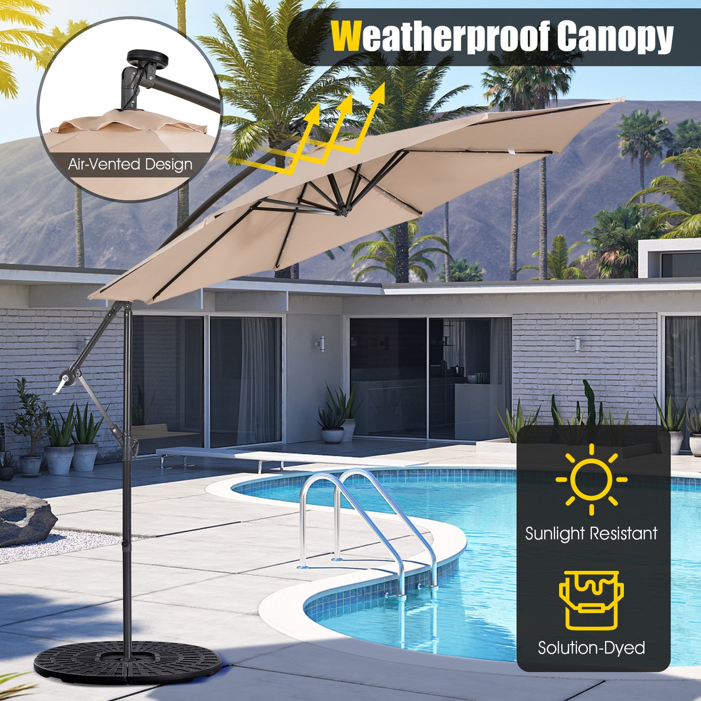10 Feet Patio Solar Powered Cantilever Umbrella with Tilting System-Beige Kids Crystal