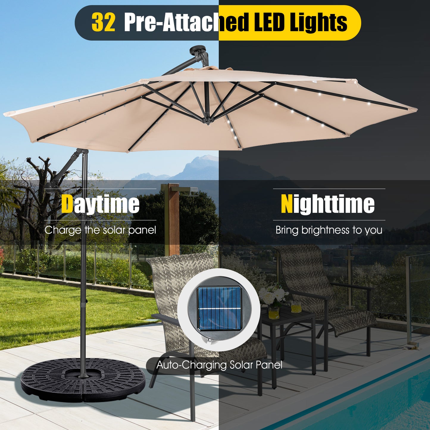10 Feet Patio Solar Powered Cantilever Umbrella with Tilting System-Beige Kids Crystal