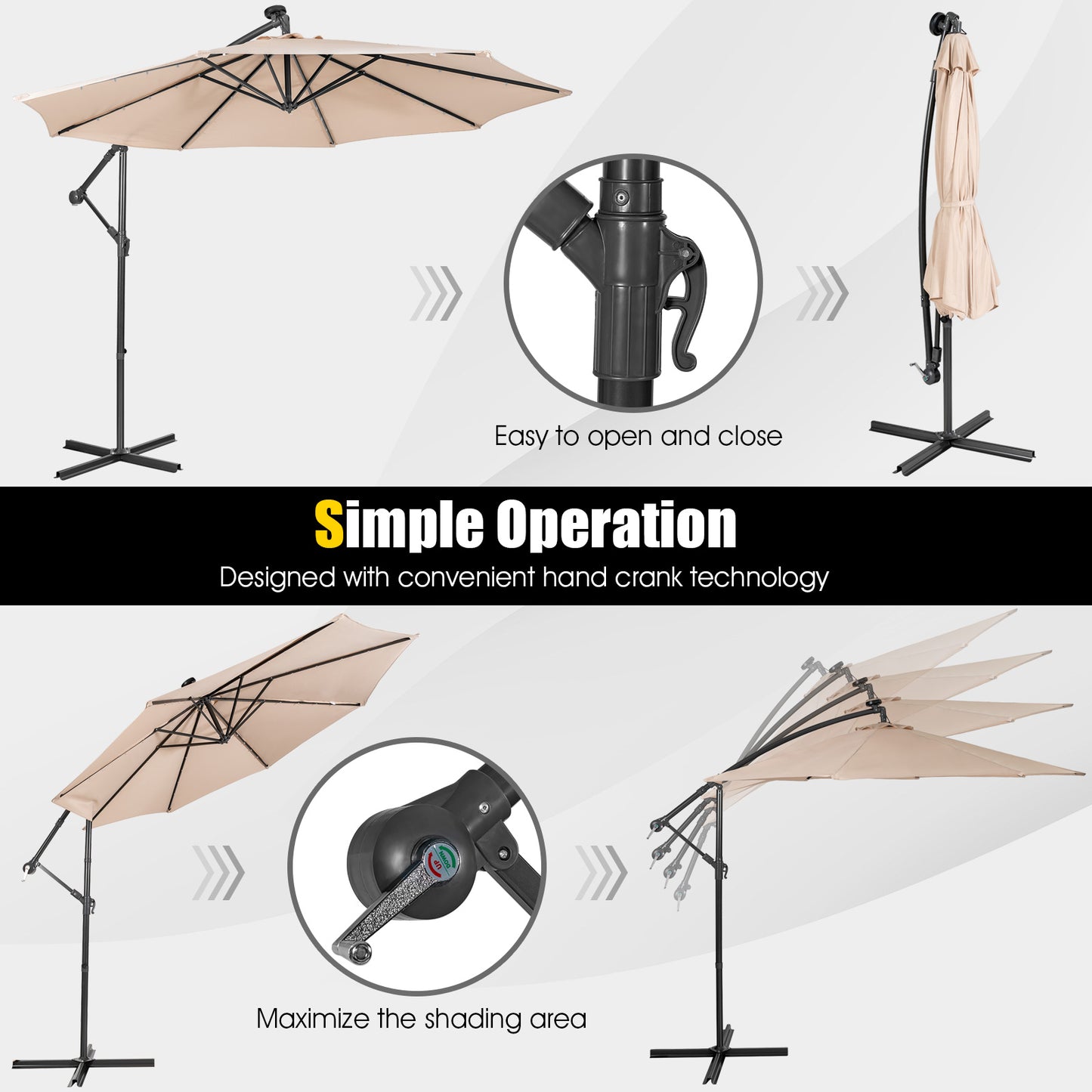 10 Feet Patio Solar Powered Cantilever Umbrella with Tilting System-Beige Kids Crystal