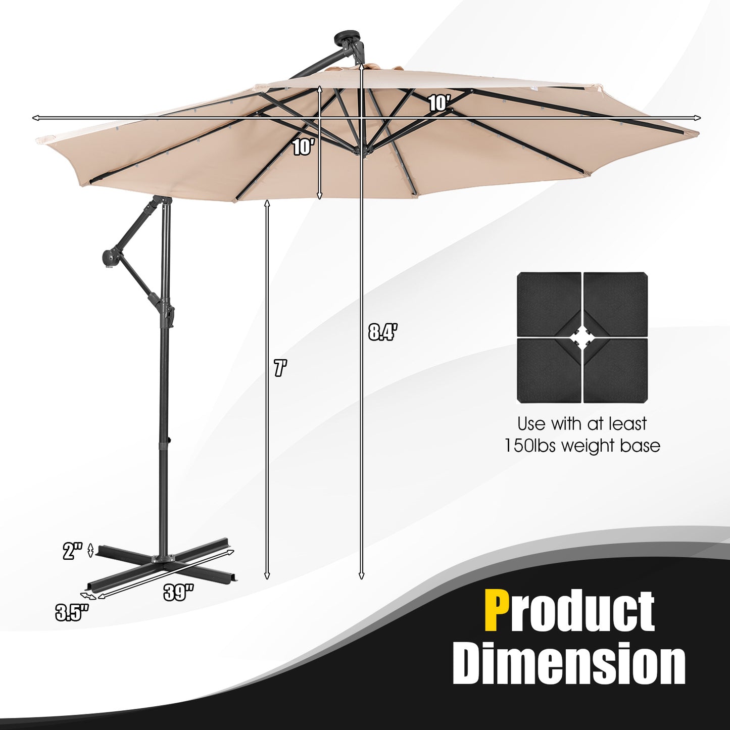 10 Feet Patio Solar Powered Cantilever Umbrella with Tilting System-Beige Kids Crystal