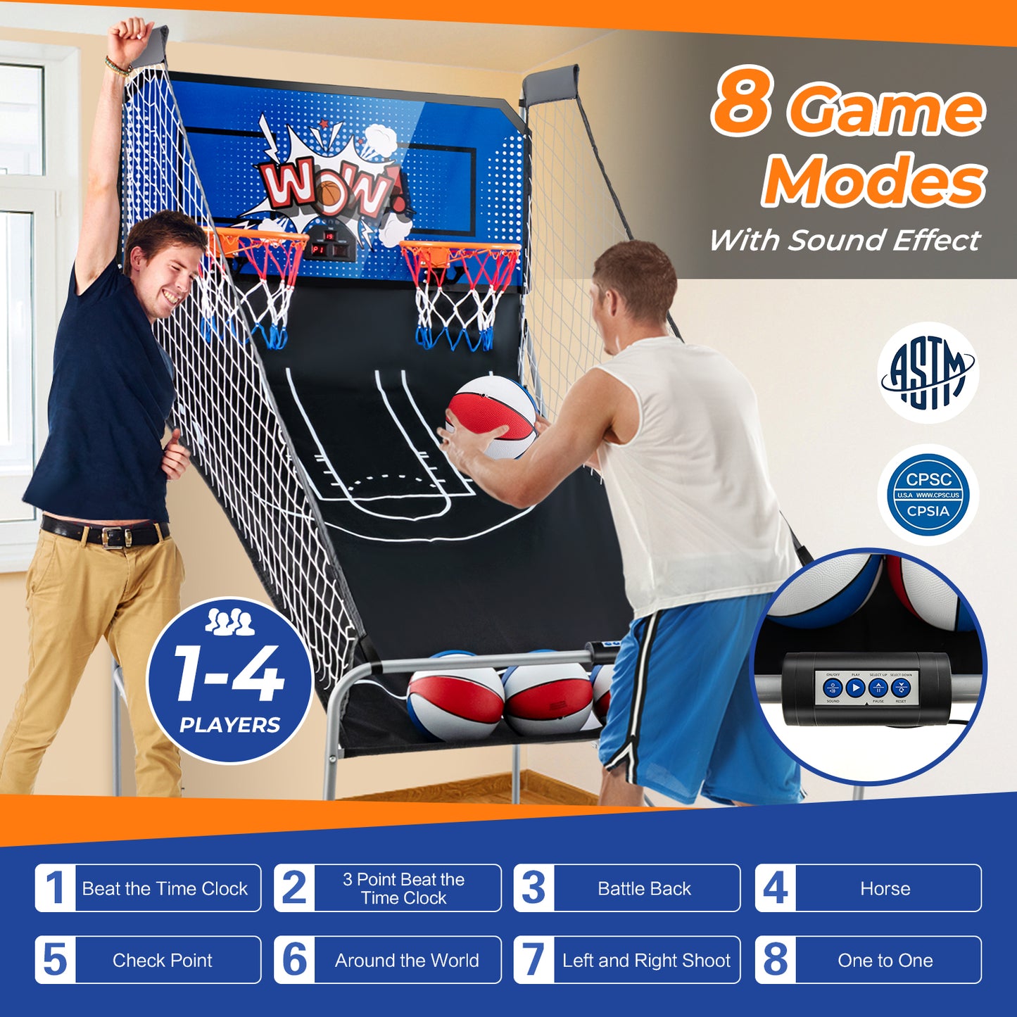 Dual Shot Basketball Arcade Game with 8 Game Modes and 4 Balls-Blue Kids Crystal