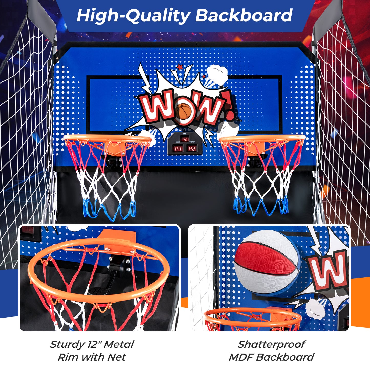 Dual Shot Basketball Arcade Game with 8 Game Modes and 4 Balls-Blue Kids Crystal