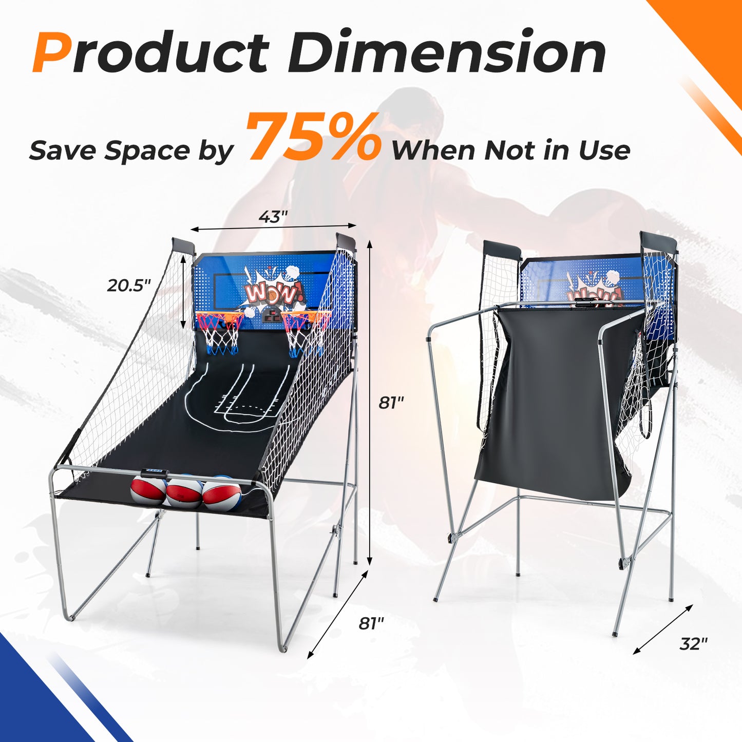 Dual Shot Basketball Arcade Game with 8 Game Modes and 4 Balls-Blue Kids Crystal