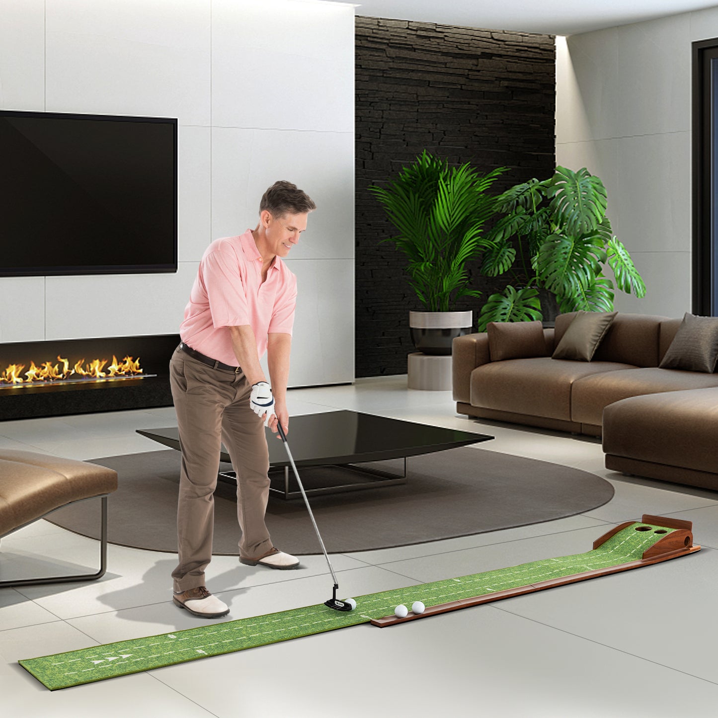 Golf Putting Mat Practice Training Aid with Auto Ball Return and 2 Hole Sizes Kids Crystal