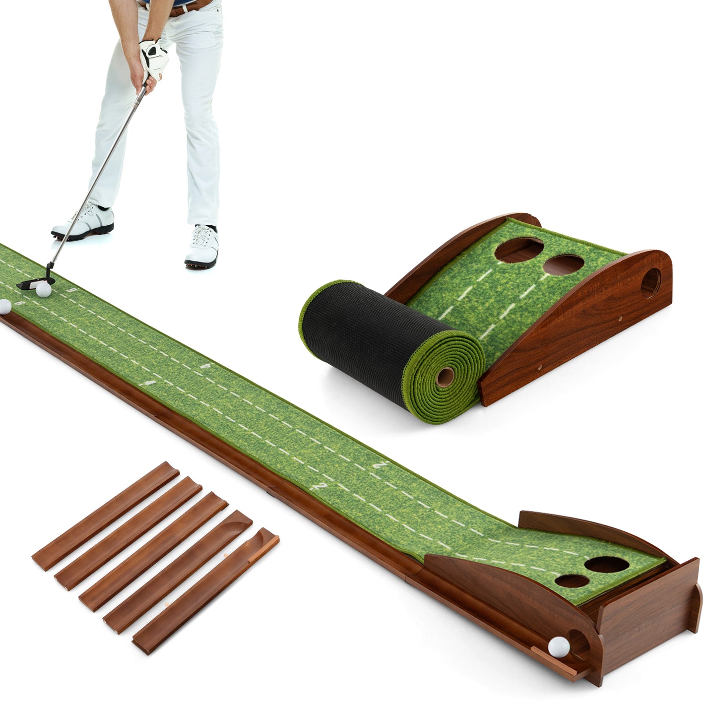 Golf Putting Mat Practice Training Aid with Auto Ball Return and 2 Hole Sizes Kids Crystal