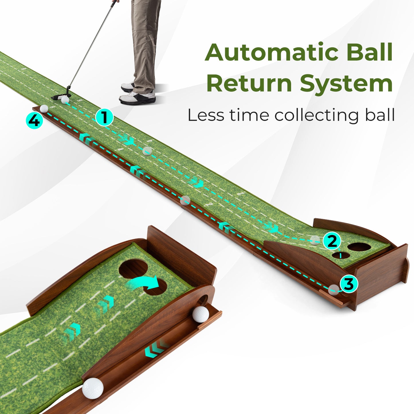 Golf Putting Mat Practice Training Aid with Auto Ball Return and 2 Hole Sizes Kids Crystal