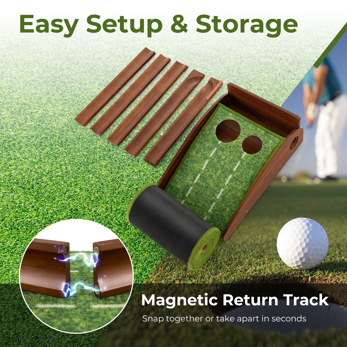 Golf Putting Mat Practice Training Aid with Auto Ball Return and 2 Hole Sizes Kids Crystal