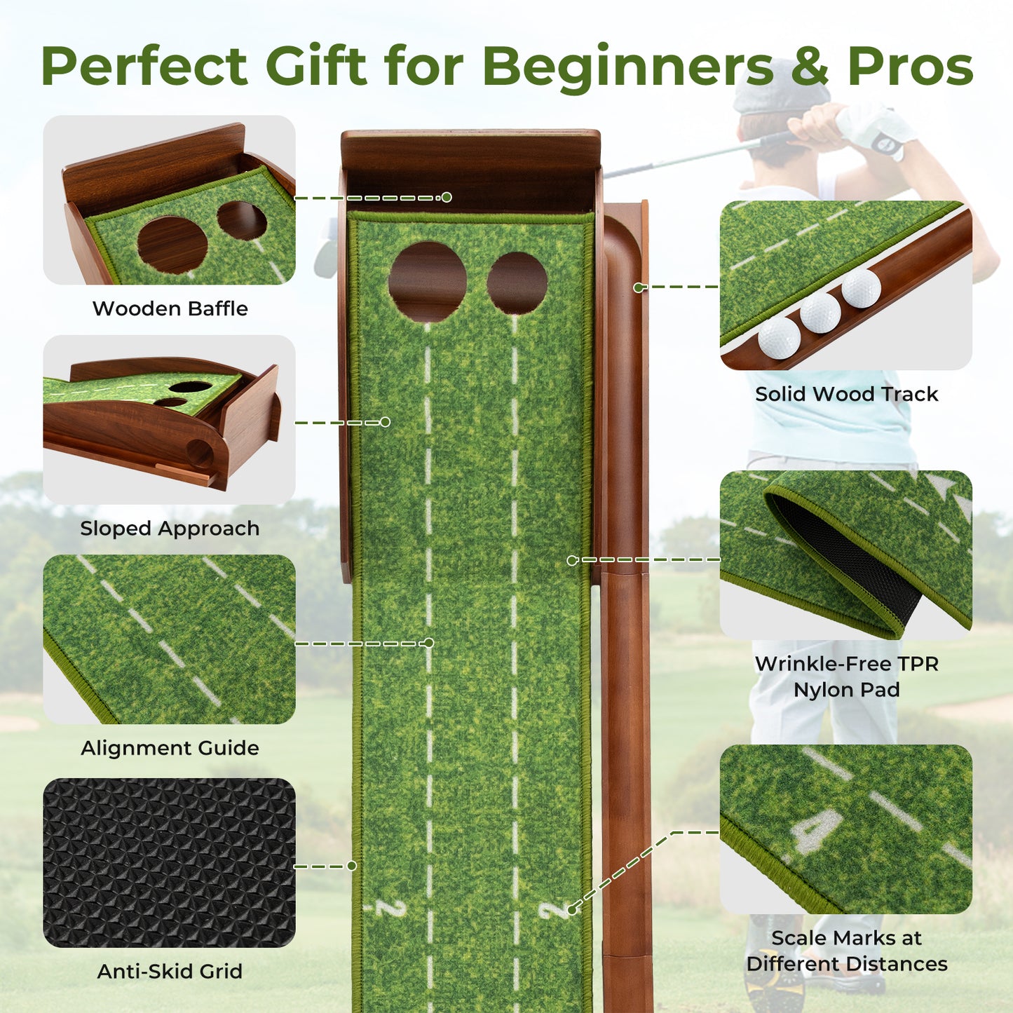 Golf Putting Mat Practice Training Aid with Auto Ball Return and 2 Hole Sizes Kids Crystal