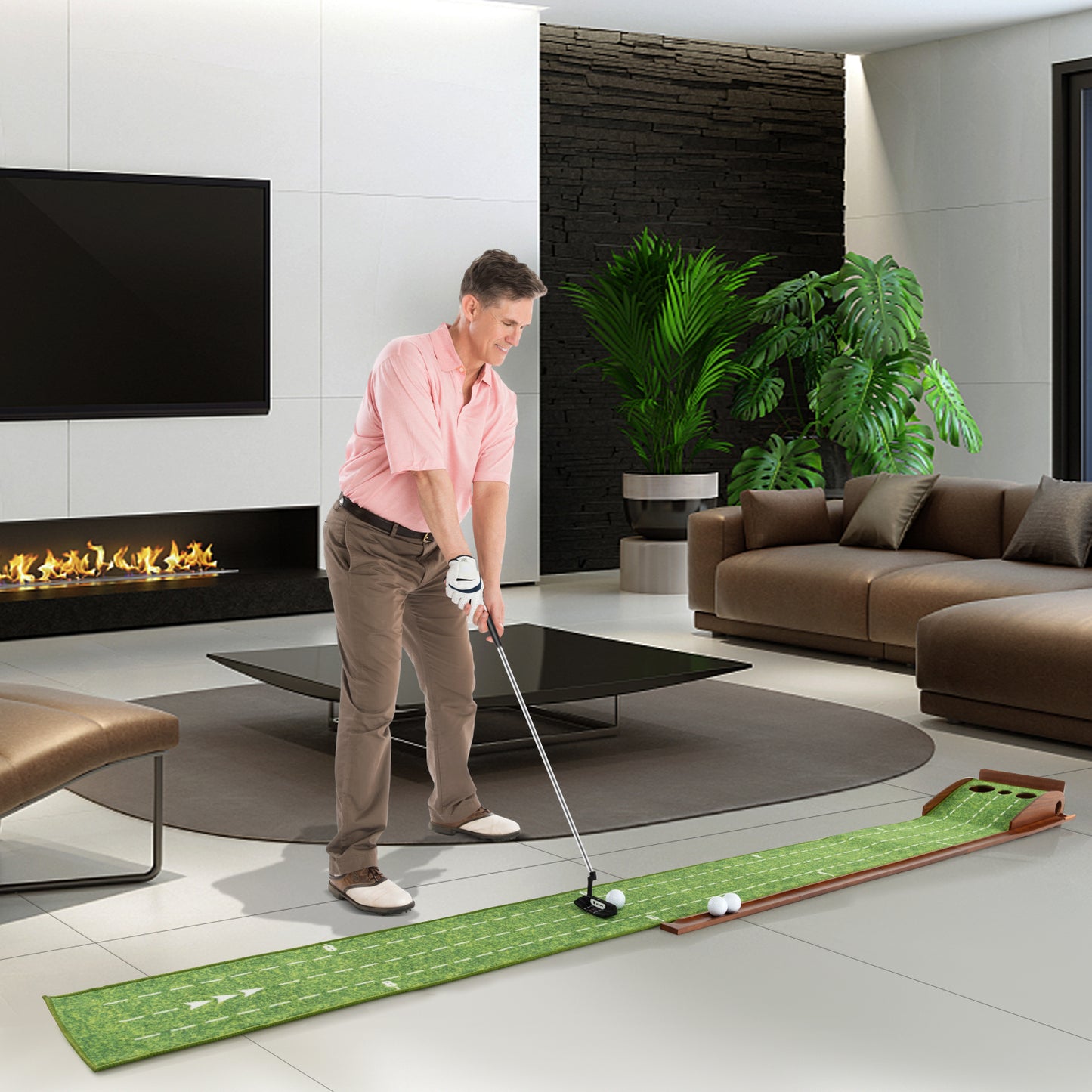 Golf Putting Mat Practice Training Aid with Auto Ball Return and 3 Hole Sizes Kids Crystal