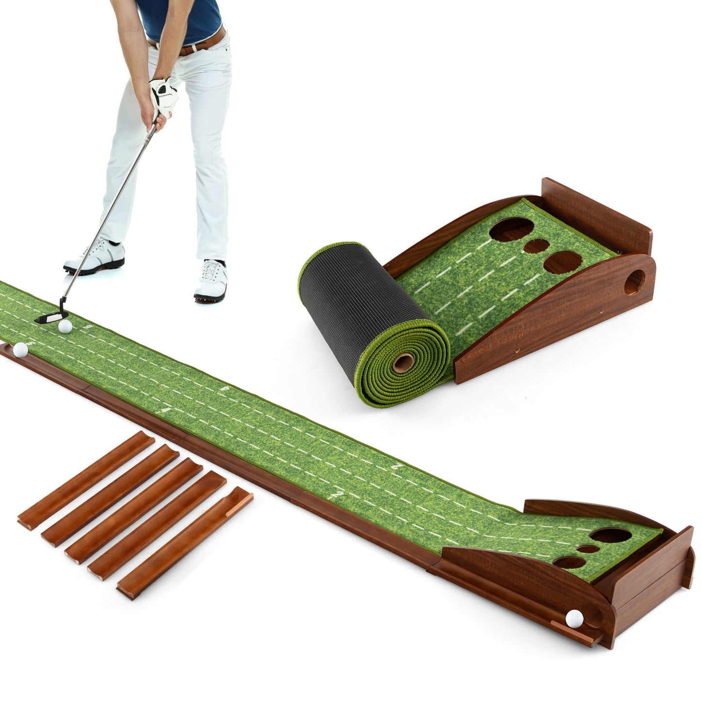 Golf Putting Mat Practice Training Aid with Auto Ball Return and 3 Hole Sizes Kids Crystal
