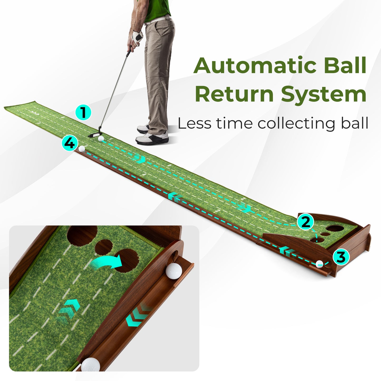 Golf Putting Mat Practice Training Aid with Auto Ball Return and 3 Hole Sizes Kids Crystal