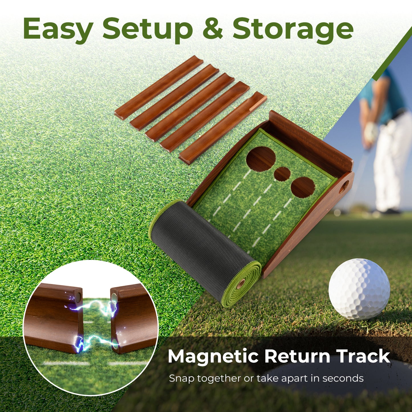 Golf Putting Mat Practice Training Aid with Auto Ball Return and 3 Hole Sizes Kids Crystal