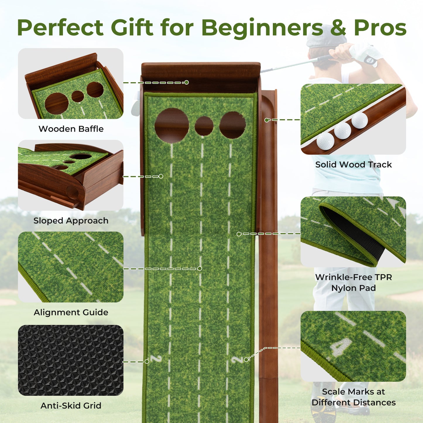 Golf Putting Mat Practice Training Aid with Auto Ball Return and 3 Hole Sizes Kids Crystal