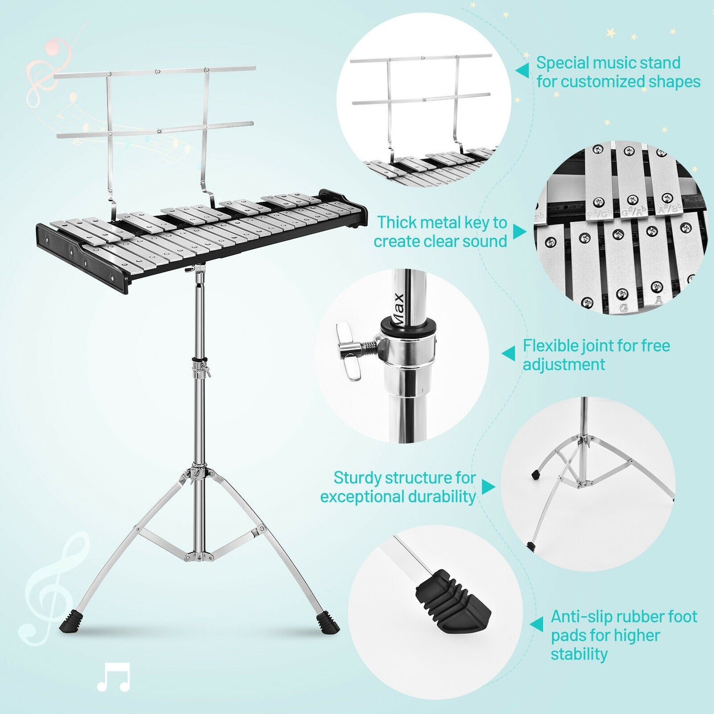 32 Note Glockenspiel Xylophone Percussion Bell Kit with Adjustable Stand Kids Crystal