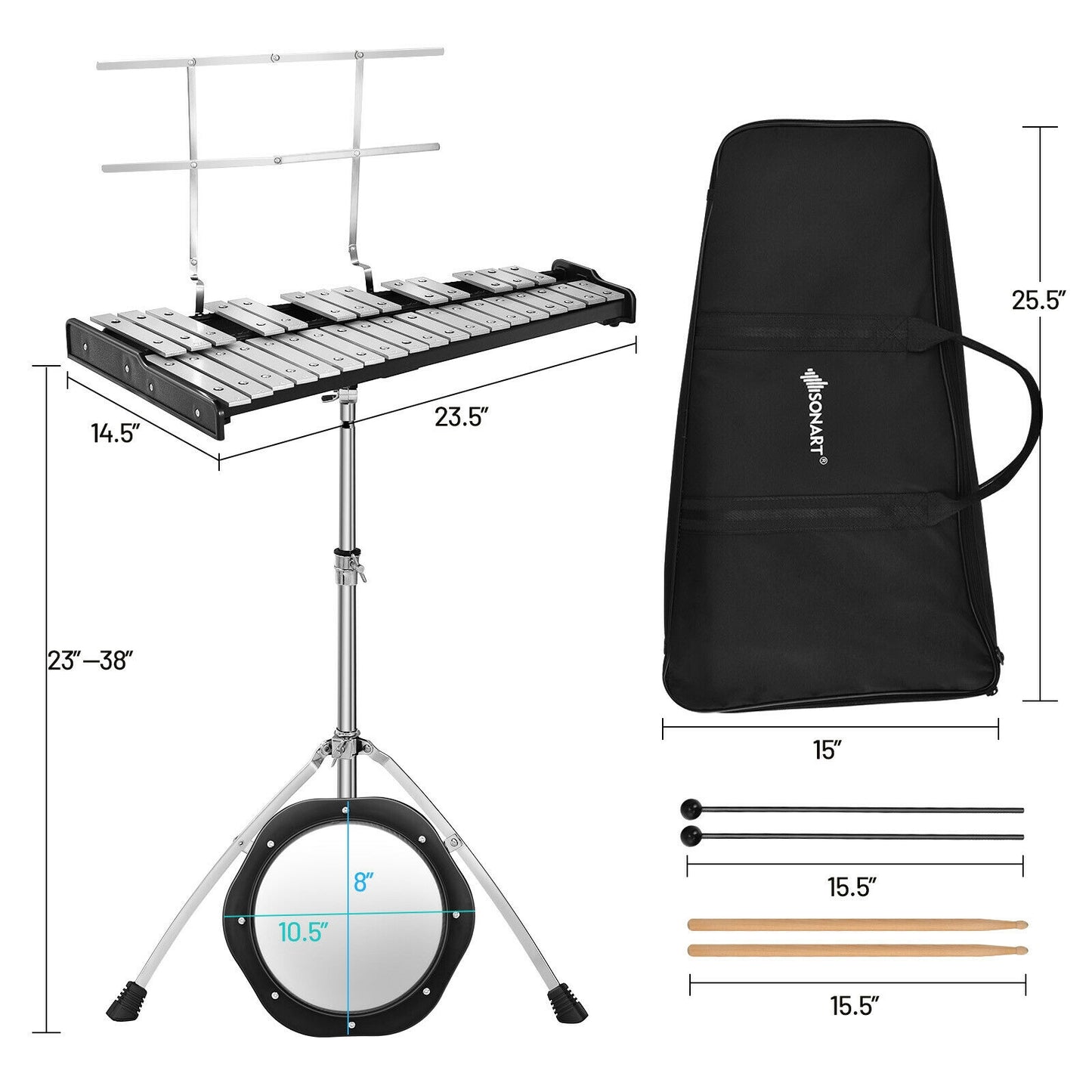 32 Note Glockenspiel Xylophone Percussion Bell Kit with Adjustable Stand Kids Crystal
