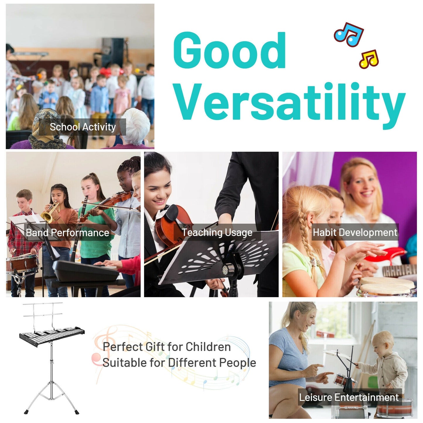 32 Note Glockenspiel Xylophone Percussion Bell Kit with Adjustable Stand Kids Crystal