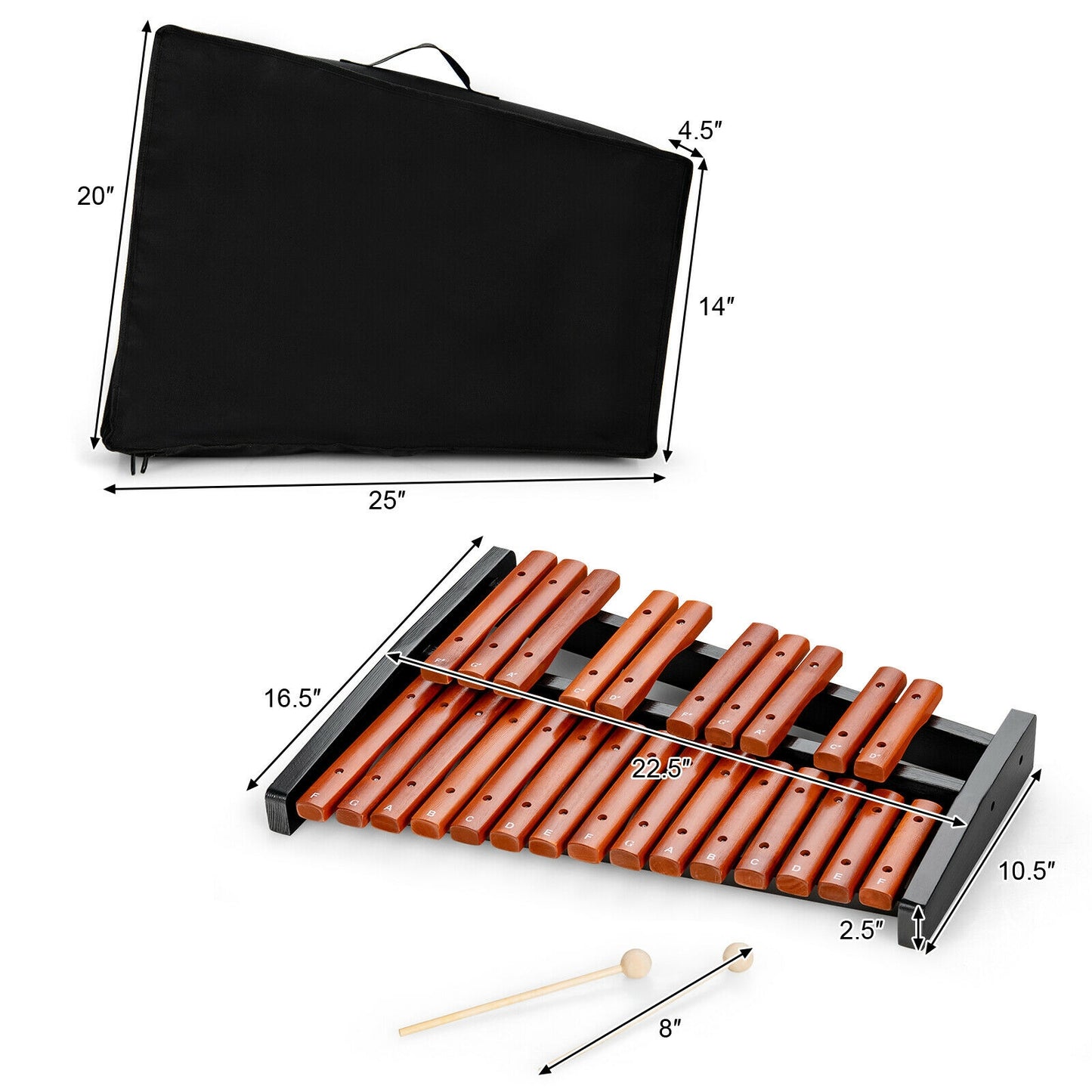 25 Notes Xylophone Wooden Percussion Educational Instrument with 2 Mallets Kids Crystal