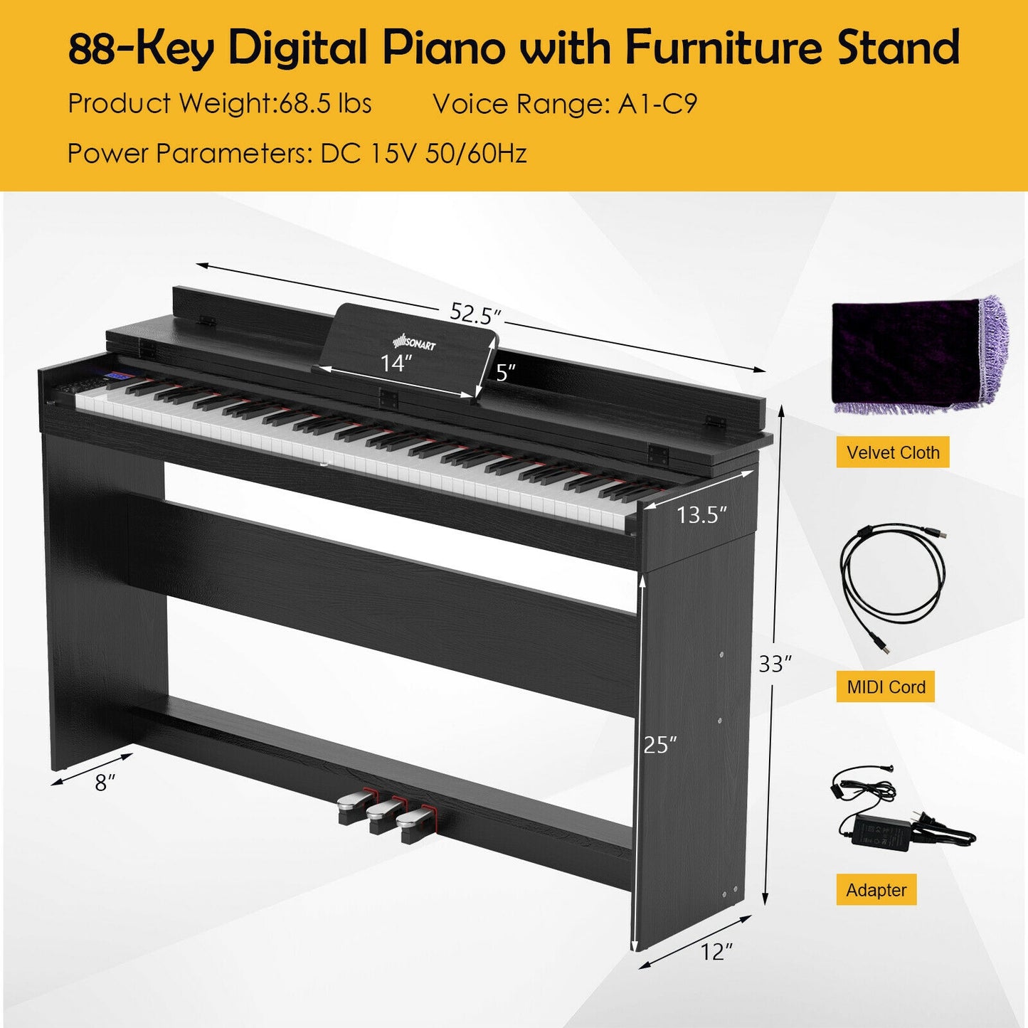 88 Key Full Size Electric Piano Keyboard with Stand 3 Pedals MIDI Function-Black Kids Crystal