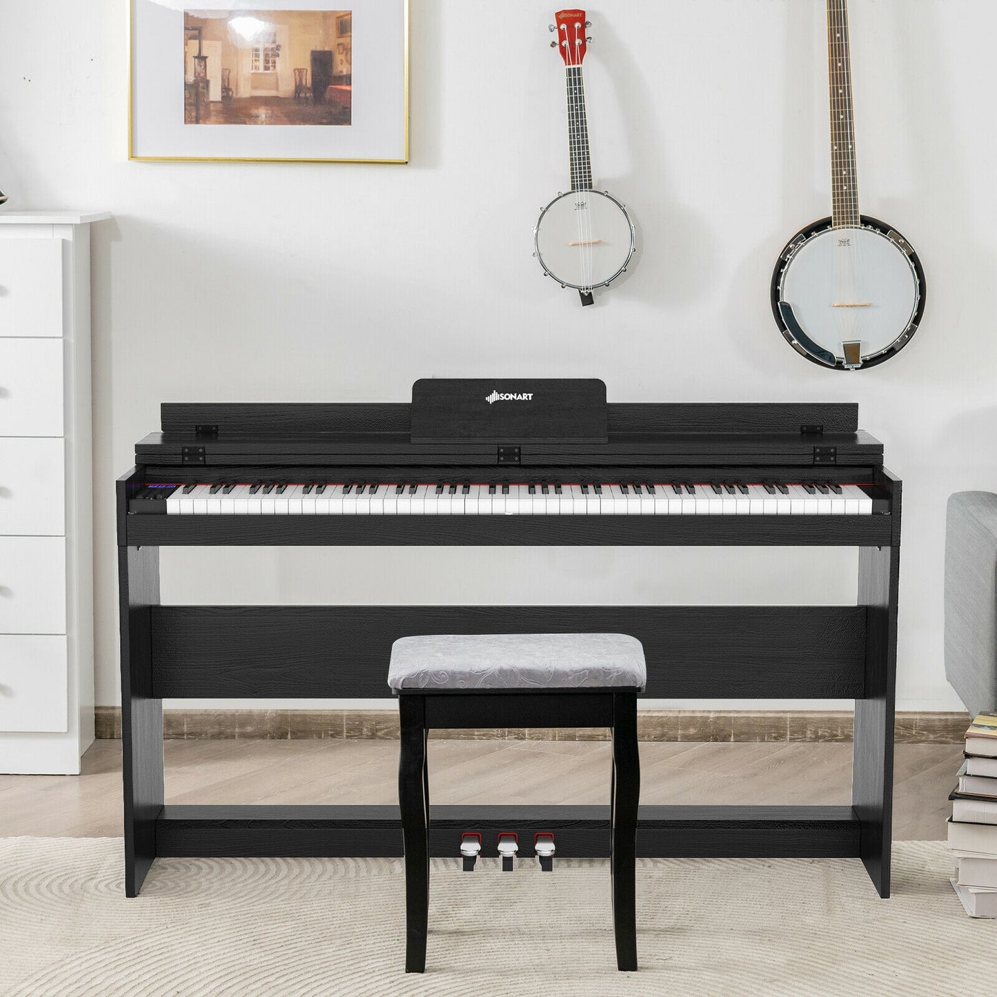88 Key Full Size Electric Piano Keyboard with Stand 3 Pedals MIDI Function-Black Kids Crystal