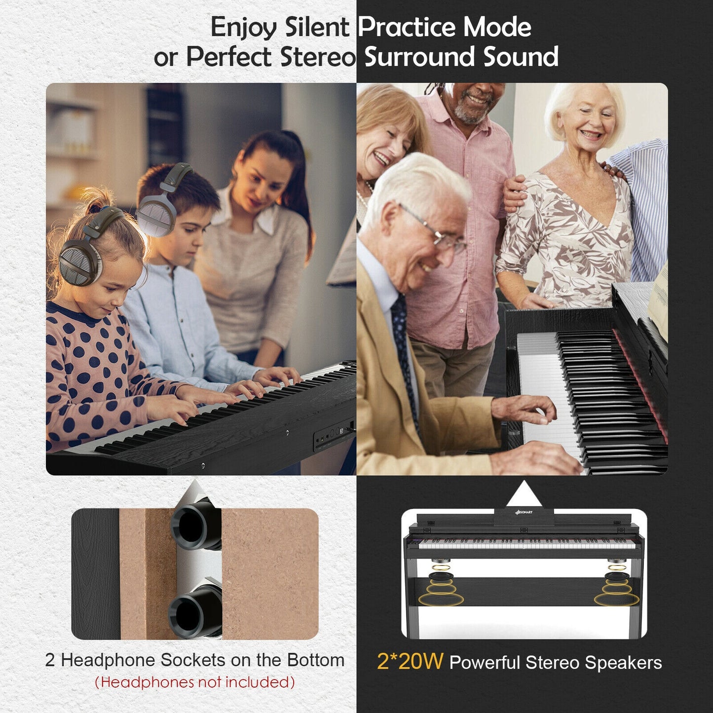 88 Key Full Size Electric Piano Keyboard with Stand 3 Pedals MIDI Function-Black Kids Crystal