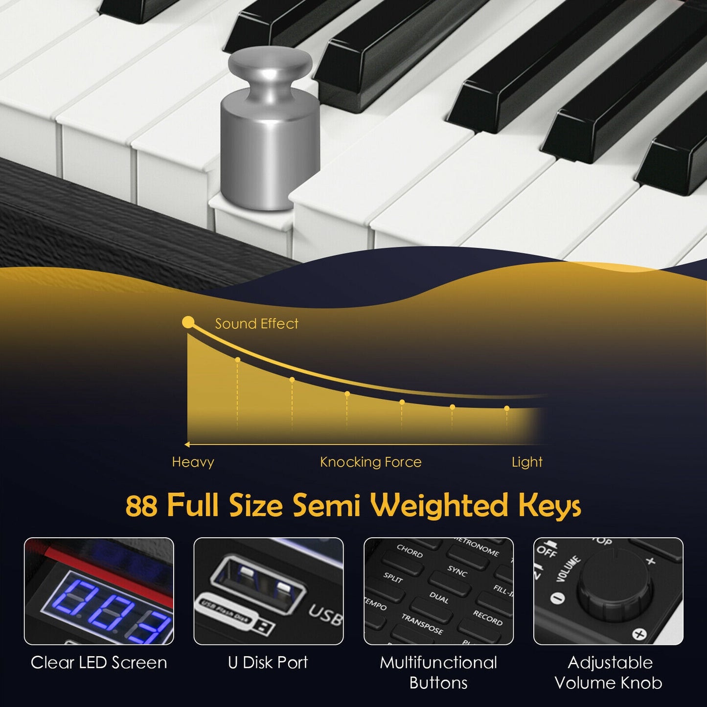 88 Key Full Size Electric Piano Keyboard with Stand 3 Pedals MIDI Function-Black Kids Crystal