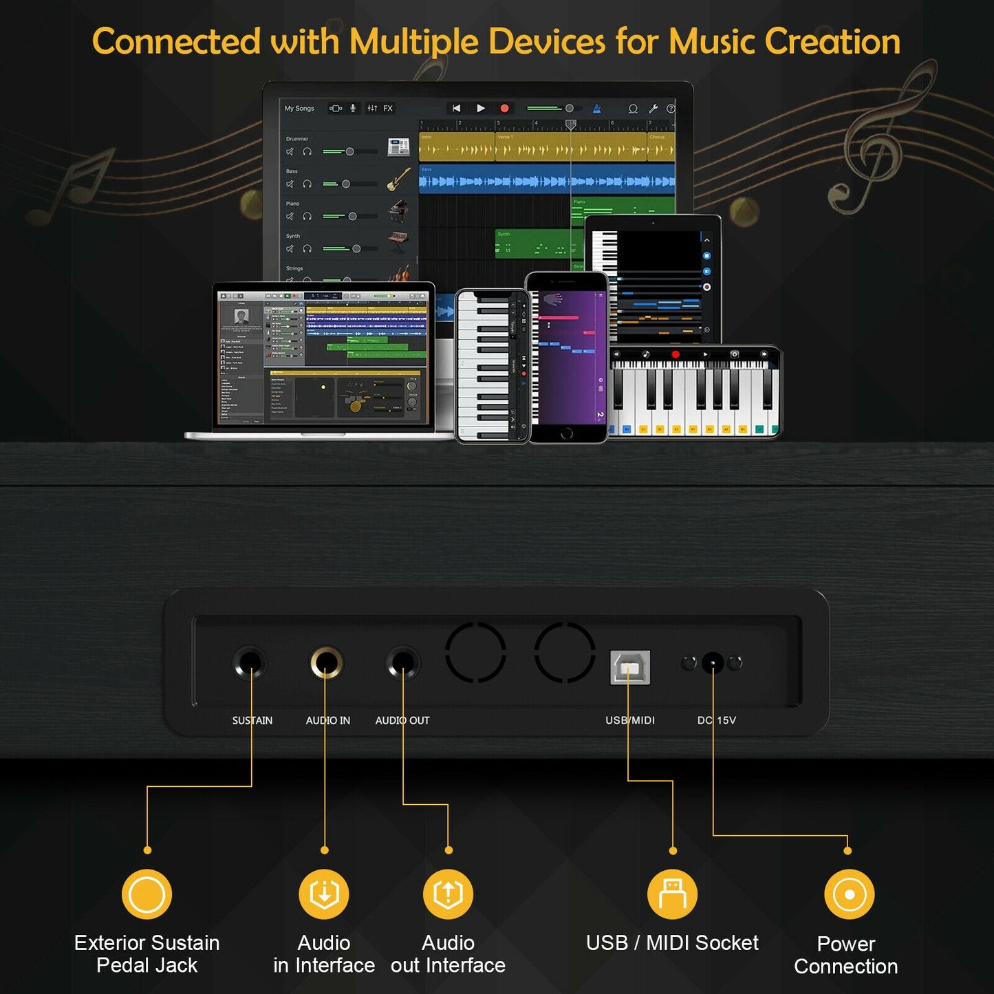 88 Key Full Size Electric Piano Keyboard with Stand 3 Pedals MIDI Function-Black Kids Crystal