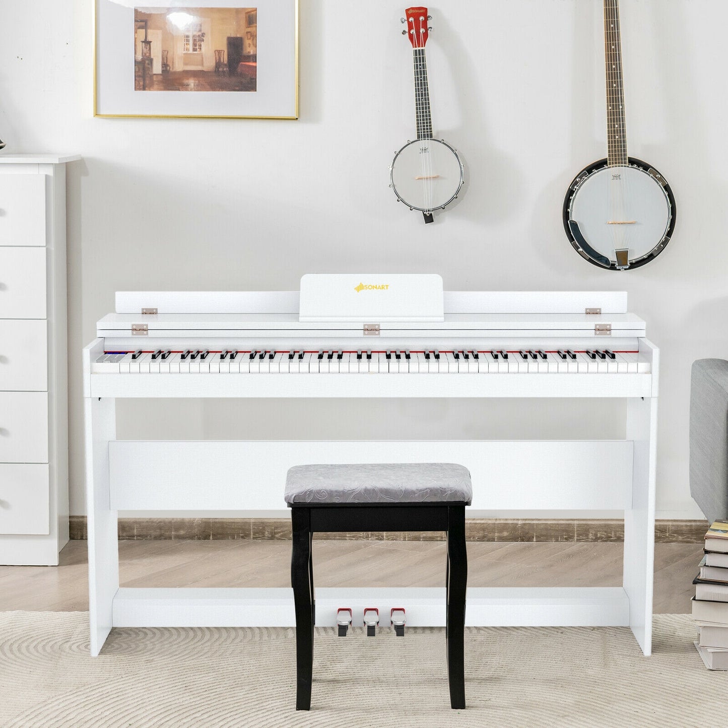 88 Key Full Size Electric Piano Keyboard with Stand 3 Pedals MIDI Function-White Kids Crystal