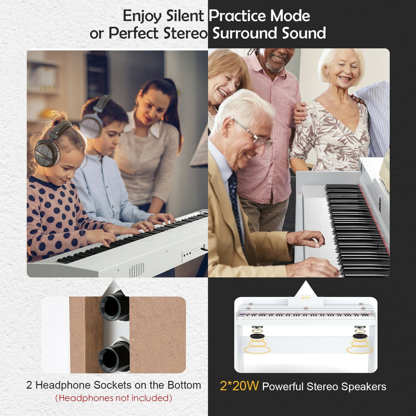 88 Key Full Size Electric Piano Keyboard with Stand 3 Pedals MIDI Function-White Kids Crystal