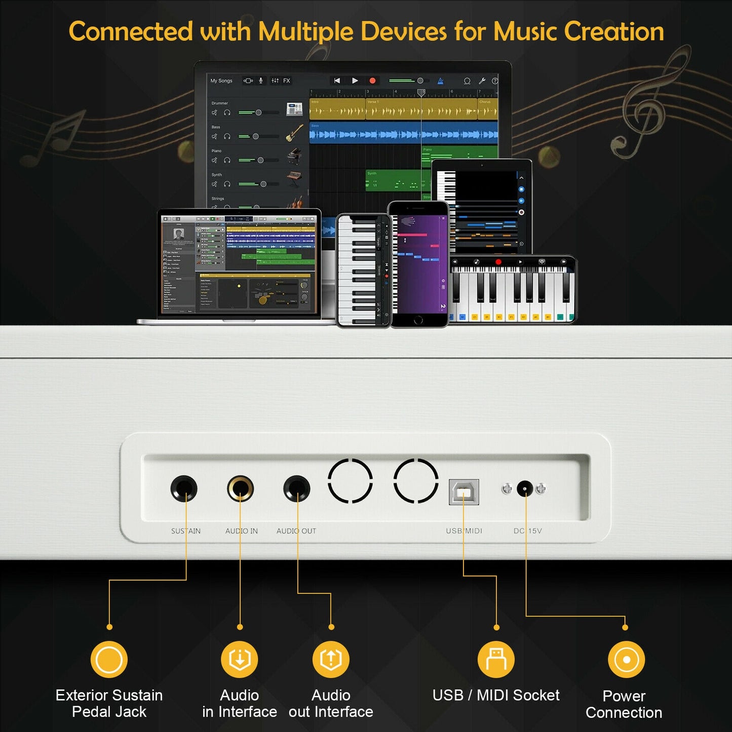 88 Key Full Size Electric Piano Keyboard with Stand 3 Pedals MIDI Function-White Kids Crystal