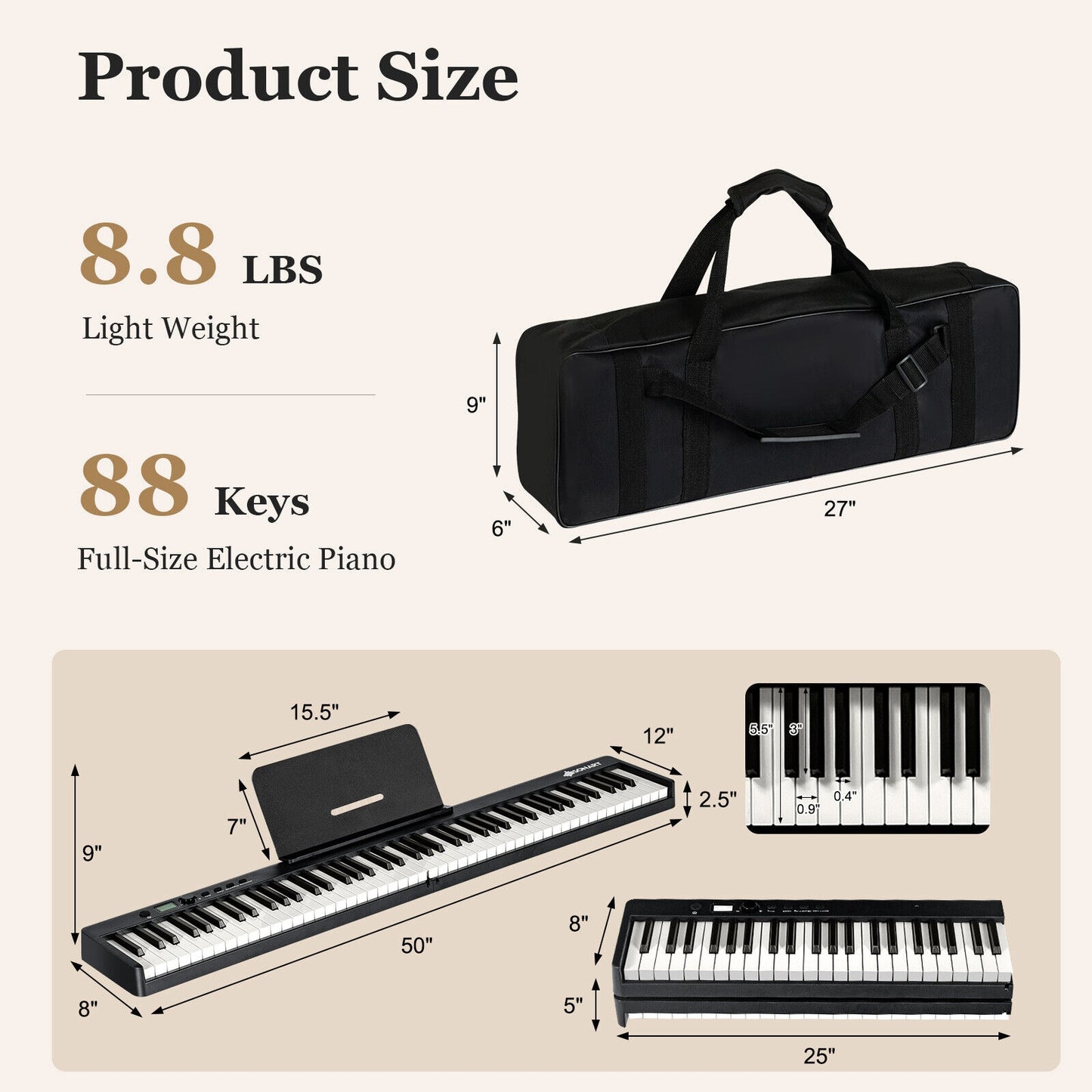 88-Key Folding Electric Lighted Piano Full-Size Portable Keyboard MIDI-Black Kids Crystal