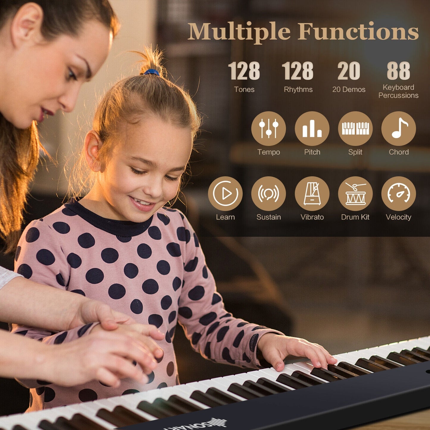 88-Key Folding Electric Lighted Piano Full-Size Portable Keyboard MIDI-Black Kids Crystal
