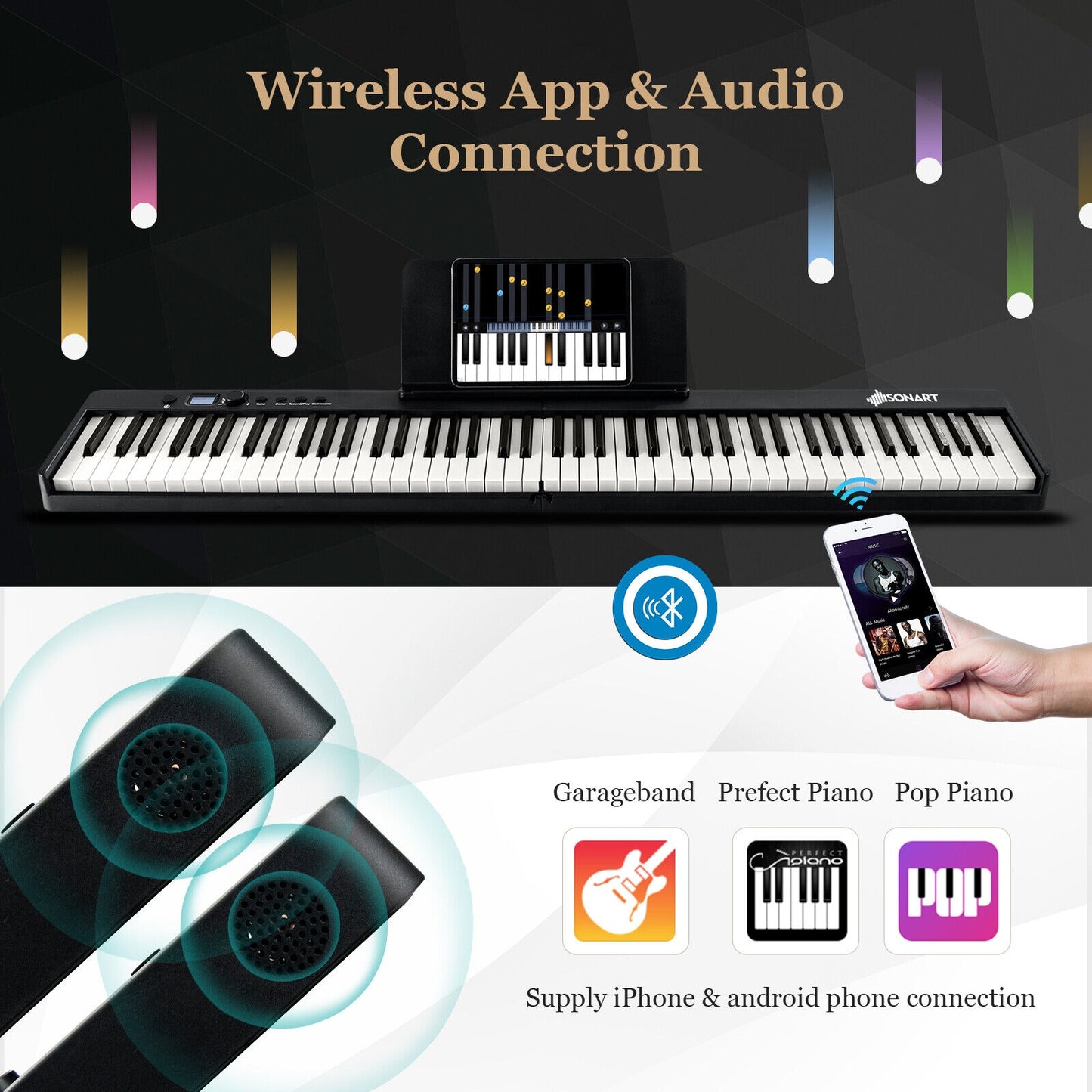 88-Key Folding Electric Lighted Piano Full-Size Portable Keyboard MIDI-Black Kids Crystal