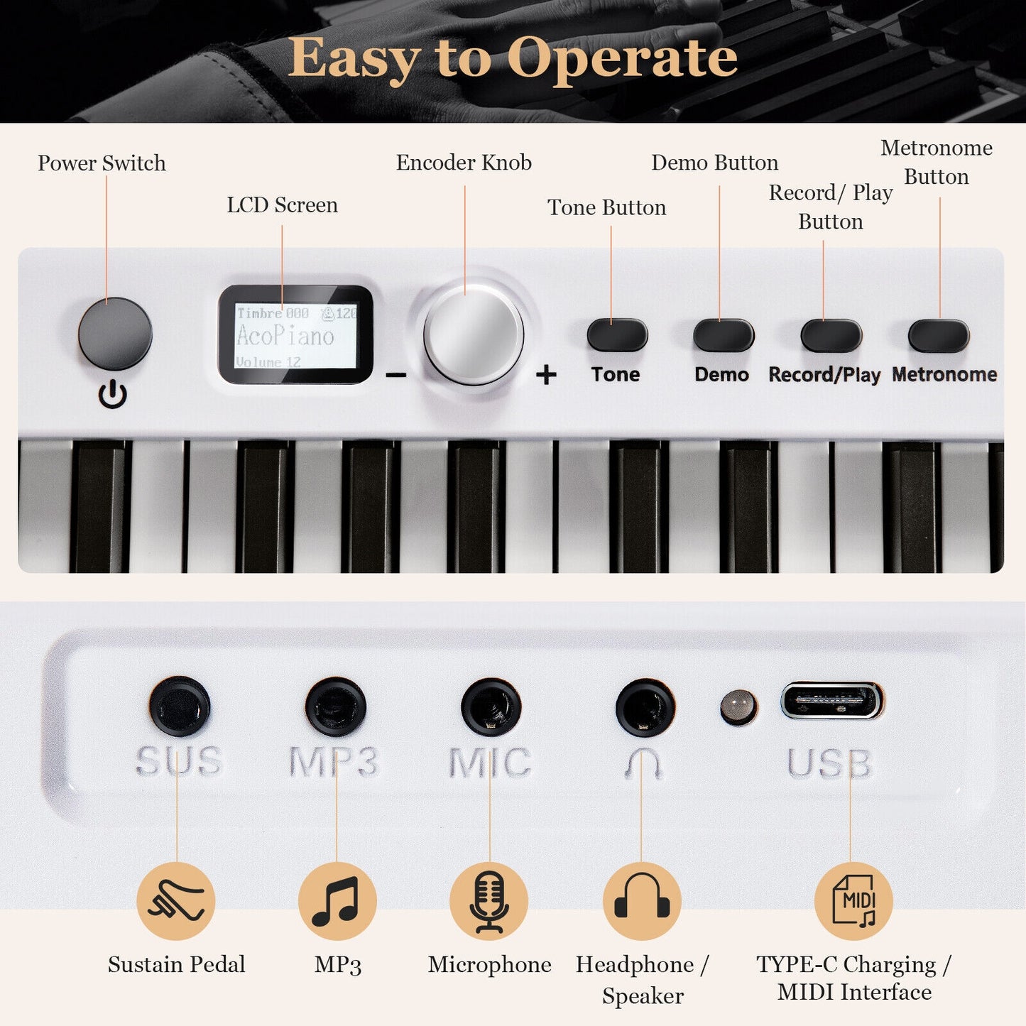 88-Key Folding Electric Lighted Piano Full-Size Portable Keyboard MIDI-White Kids Crystal